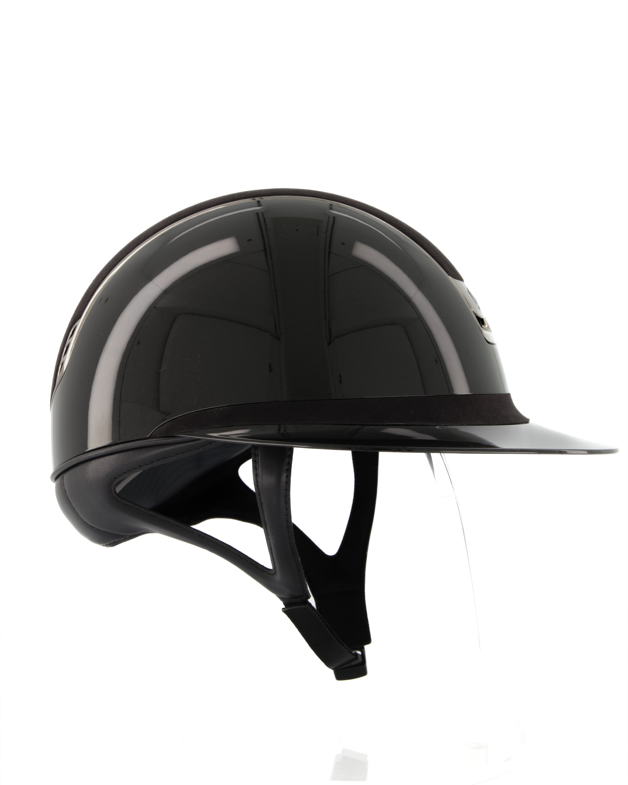 Riding helmet 2.0 Miss Shield Shadowglossy, Top Alcantara Black, Frontal Band Alcantara Black, Trim Chrome Black, Blason Chrome Black