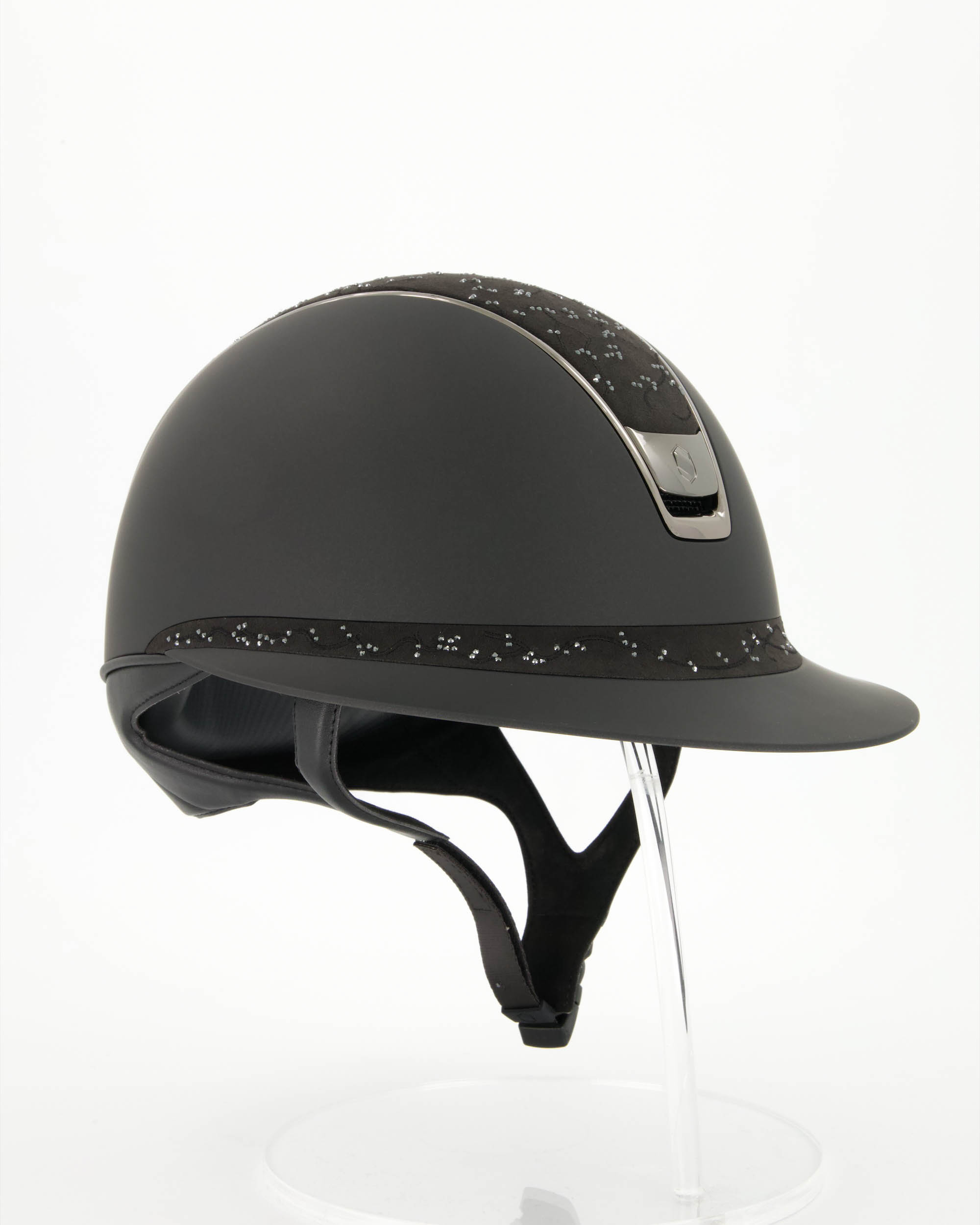 Riding helmet 2.0 Miss Shield Shadowmatt Black, Top and Frontal Band Crystal Leaf, Trim and Blason Chrome Black