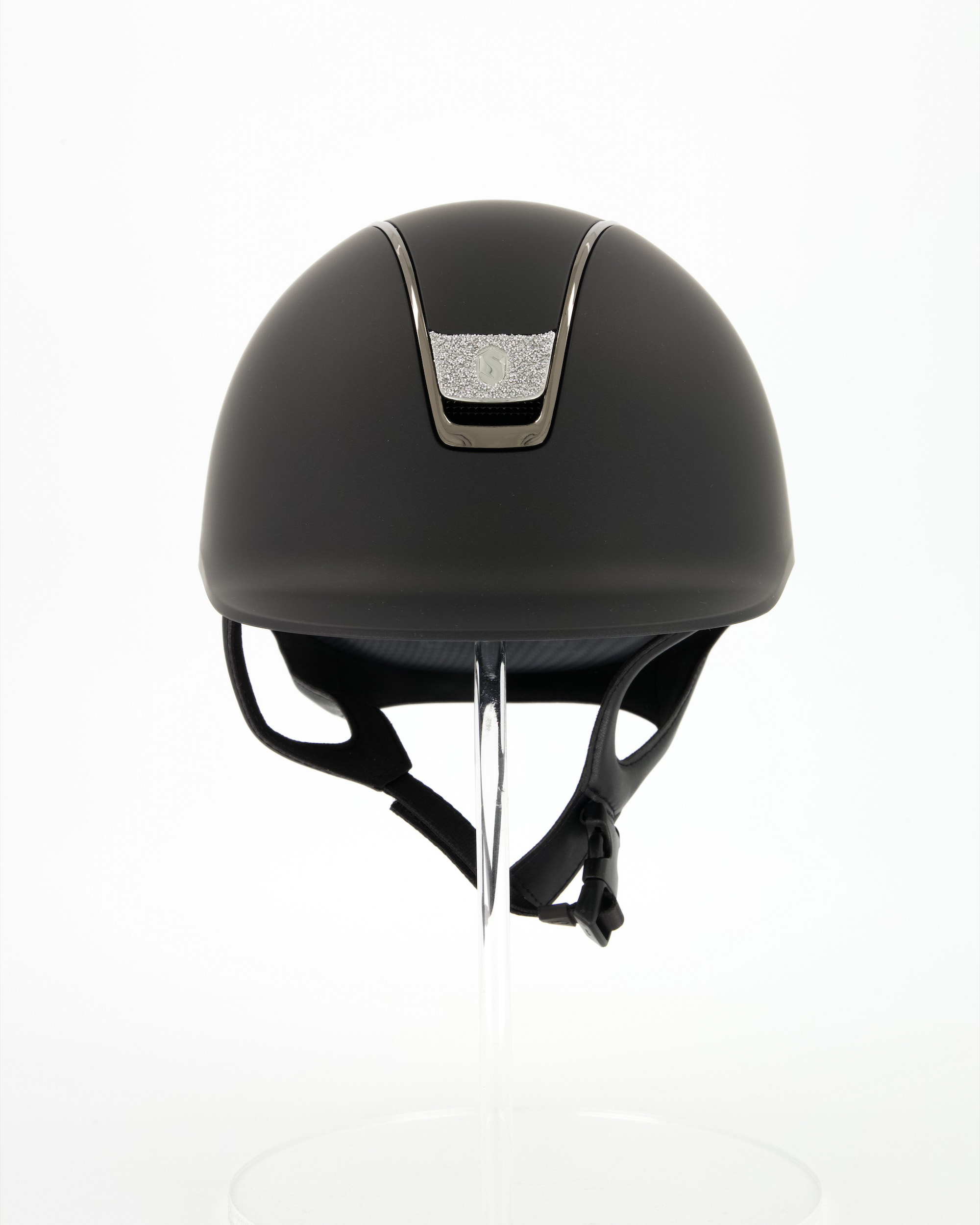 Riding helmet 2.0 Shadowmatt Black, Trim Black Chrome, Blason Crystal Fabric silver