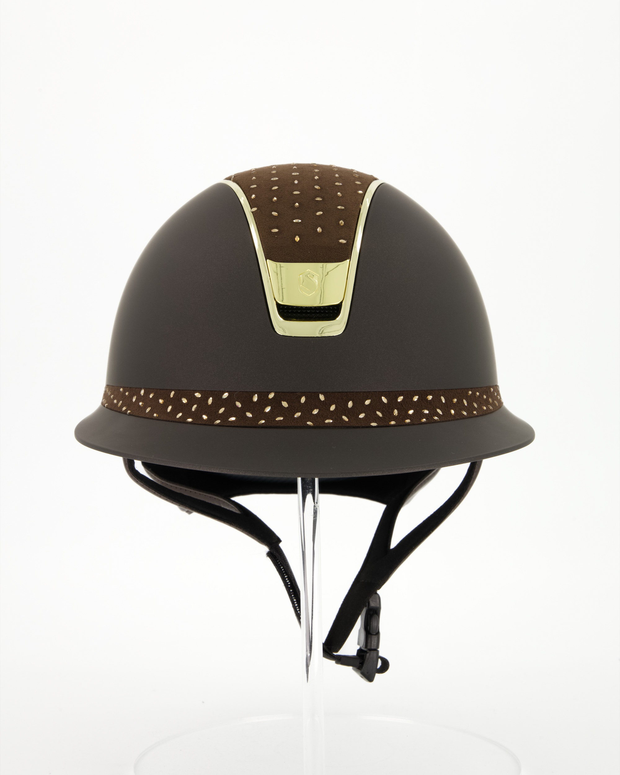 Riding helmet 2.0 Miss Shield Shadowmatt brown, top and frontal band Crystal Comet light Colorado Topaz, trim and blason Chrome Gold in brown
