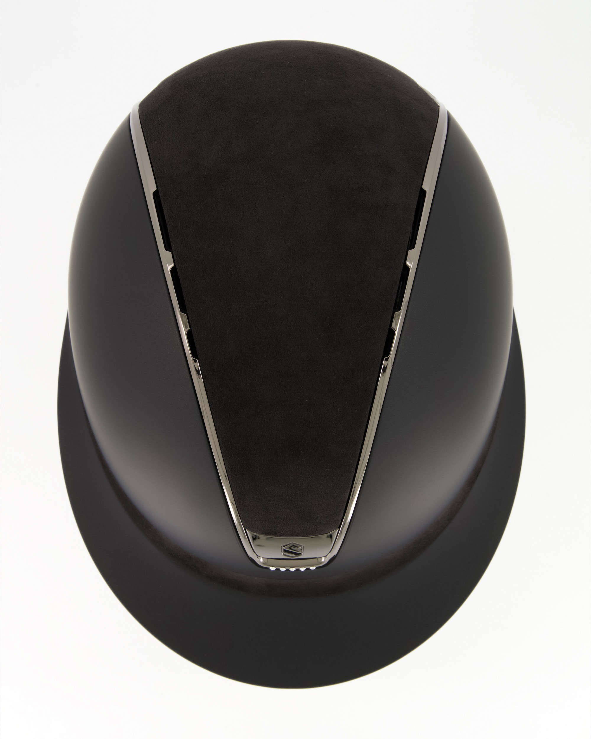 Riding helmet Miss Shield 2.0 Shadowmatt , Top and frontal band Alcantara black, Trim and Blason Chrome Black, 5 Swarovski in black