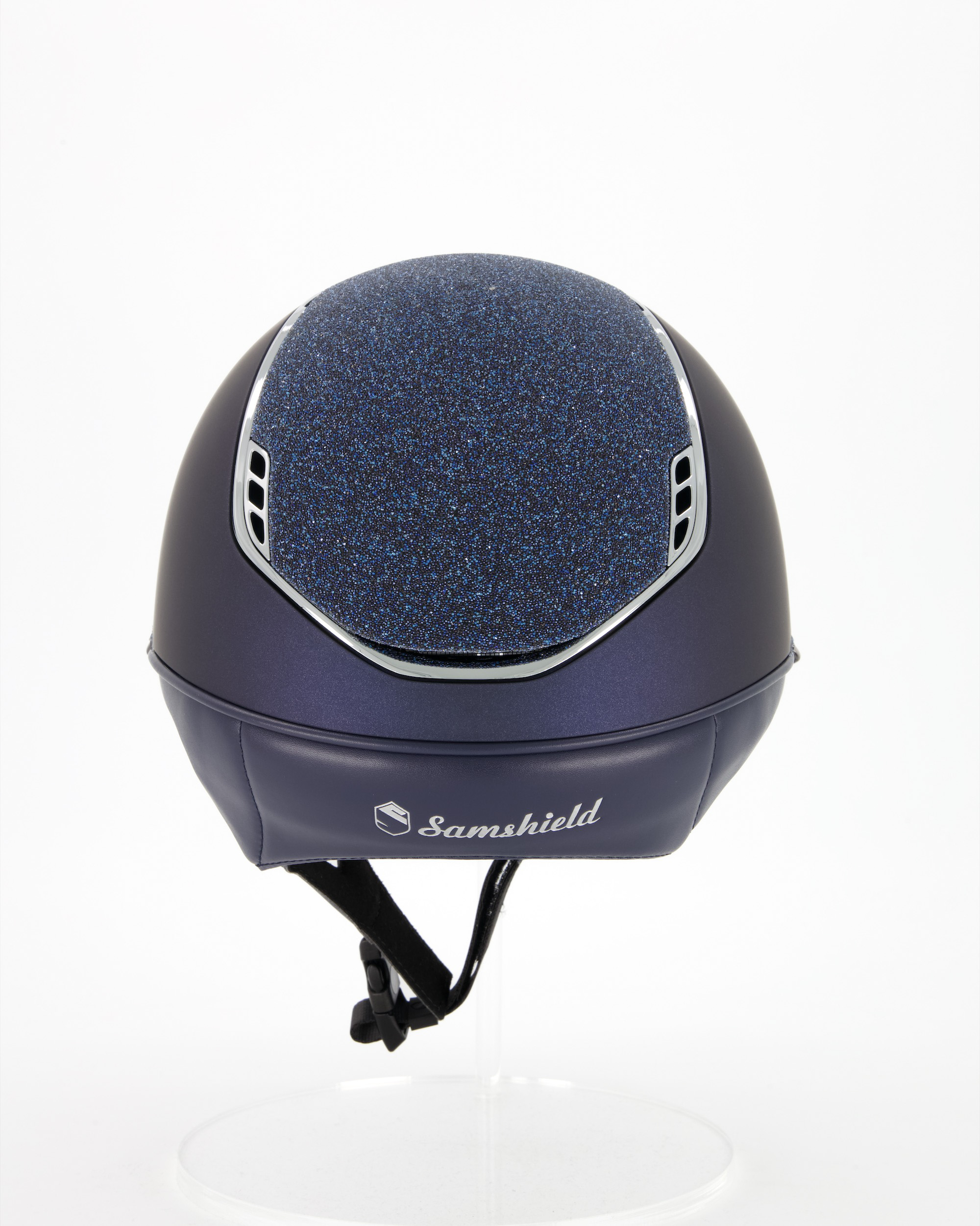 Reithelm Miss Shield 2.0 Shadowmatt, Top u.Frontalband Crystal Fabric Swarovski Blue, Trim u. Blason Chrome Silver in blau