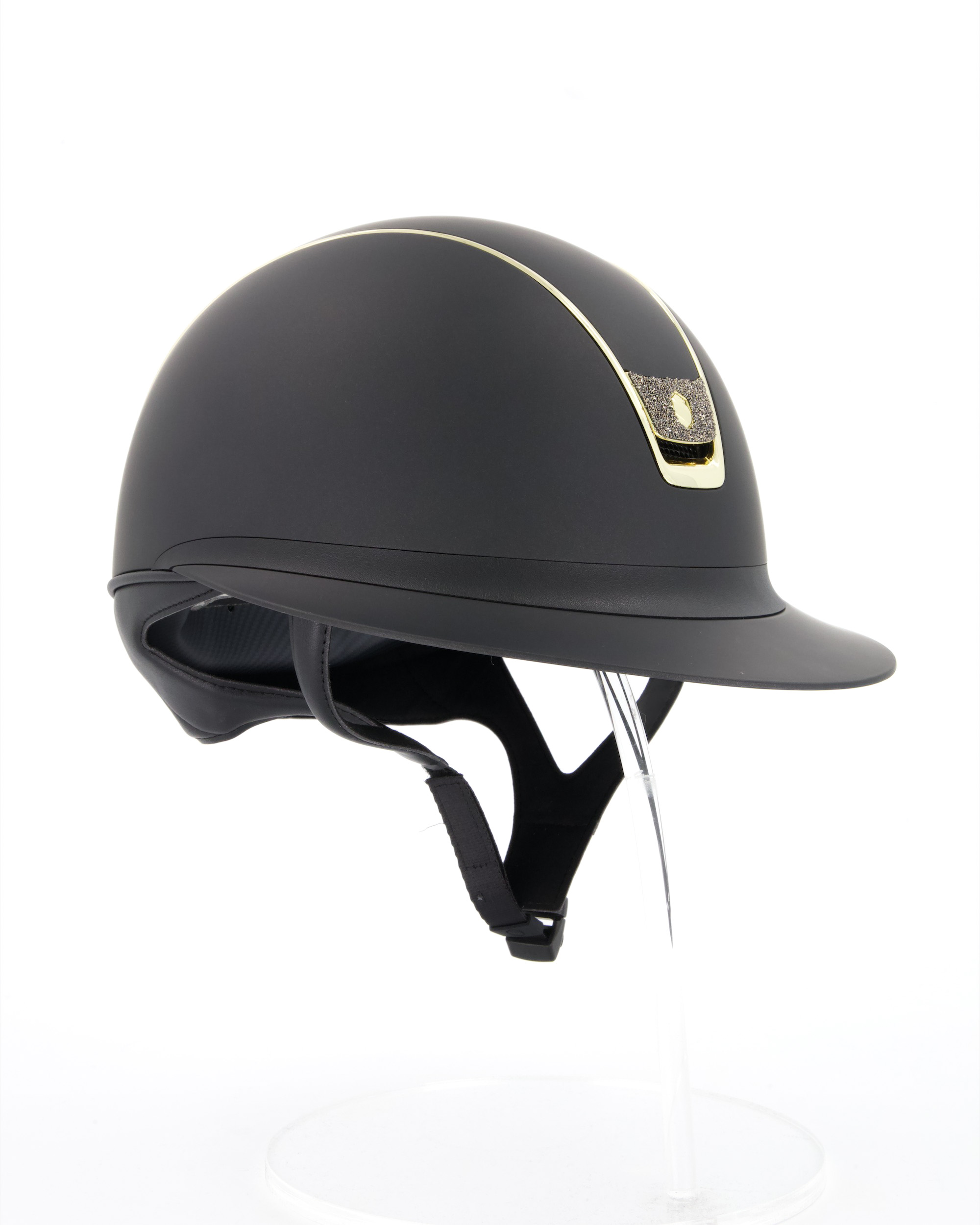 Riding helmet 2.0 Miss Shield Shadowmatt Black, Trim Chrome Gold, Blason Crystal Fabric Gold