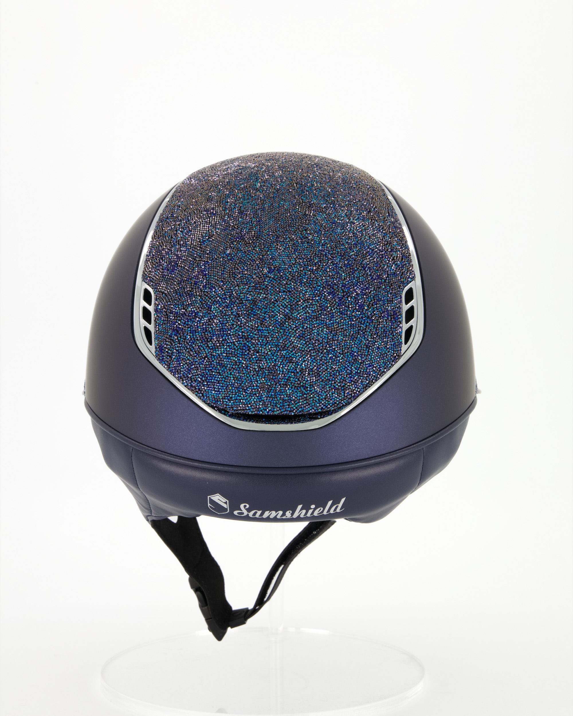 Riding helmet 2.0 Miss Shield Shadowmatt Blue, top and front strap Ultra Fine Rocks, Trim and Blason Chrome Silver in blue