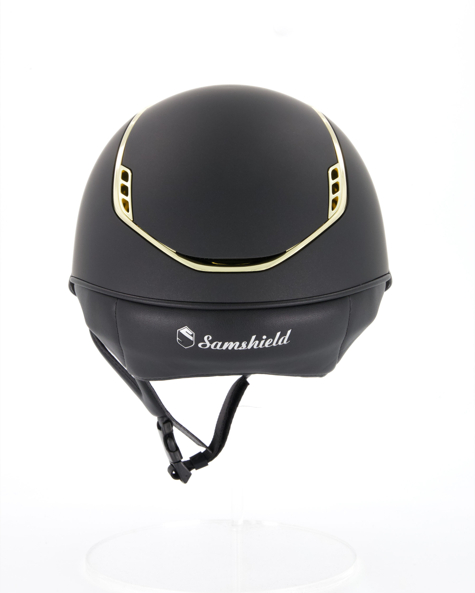 Riding helmet 2.0 Miss Shield Shadowmatt Black, Trim Chrome Gold, Blason Crystal Fabric Gold Riding helmet 2.0 Miss Shield Shadowmatt Black, Trim Chrome Gold, Blason Crystal Fabric Gold
