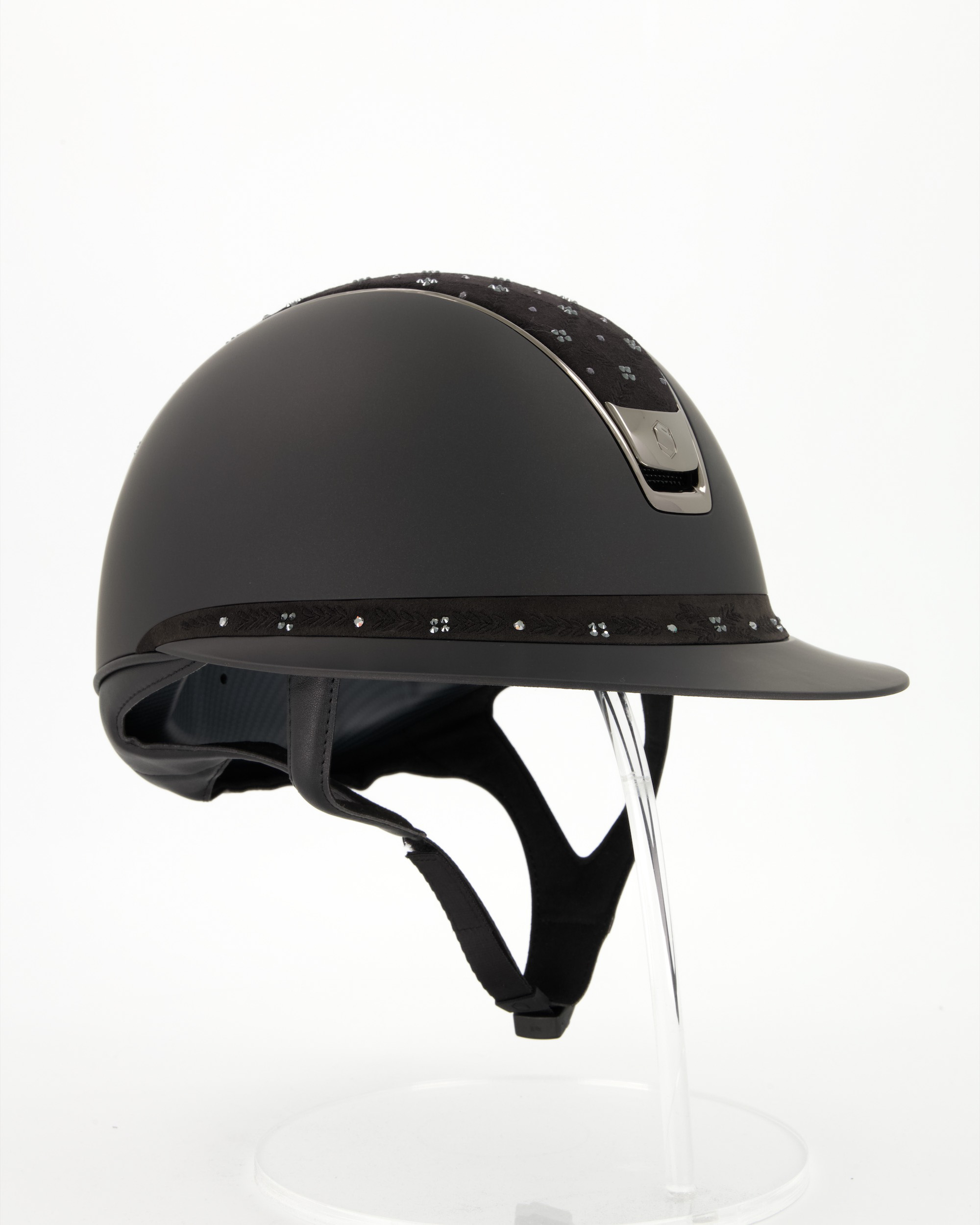 Reithelm 2.0 Miss Shield Shadowmatt Black, Top u. Frontalband Royal Flower, Trim u. Blason Chrome Black in schwarz