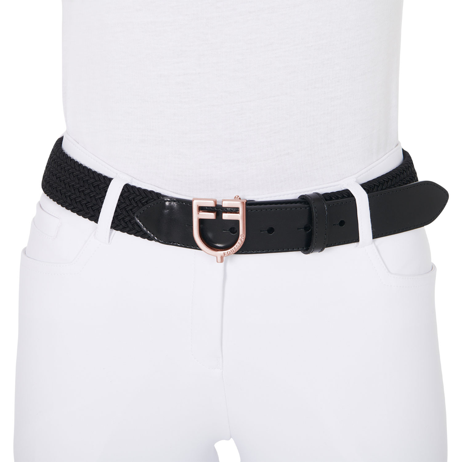 Elastischer Ledergürtel mit roségoldfarbener Logo-Schnalle