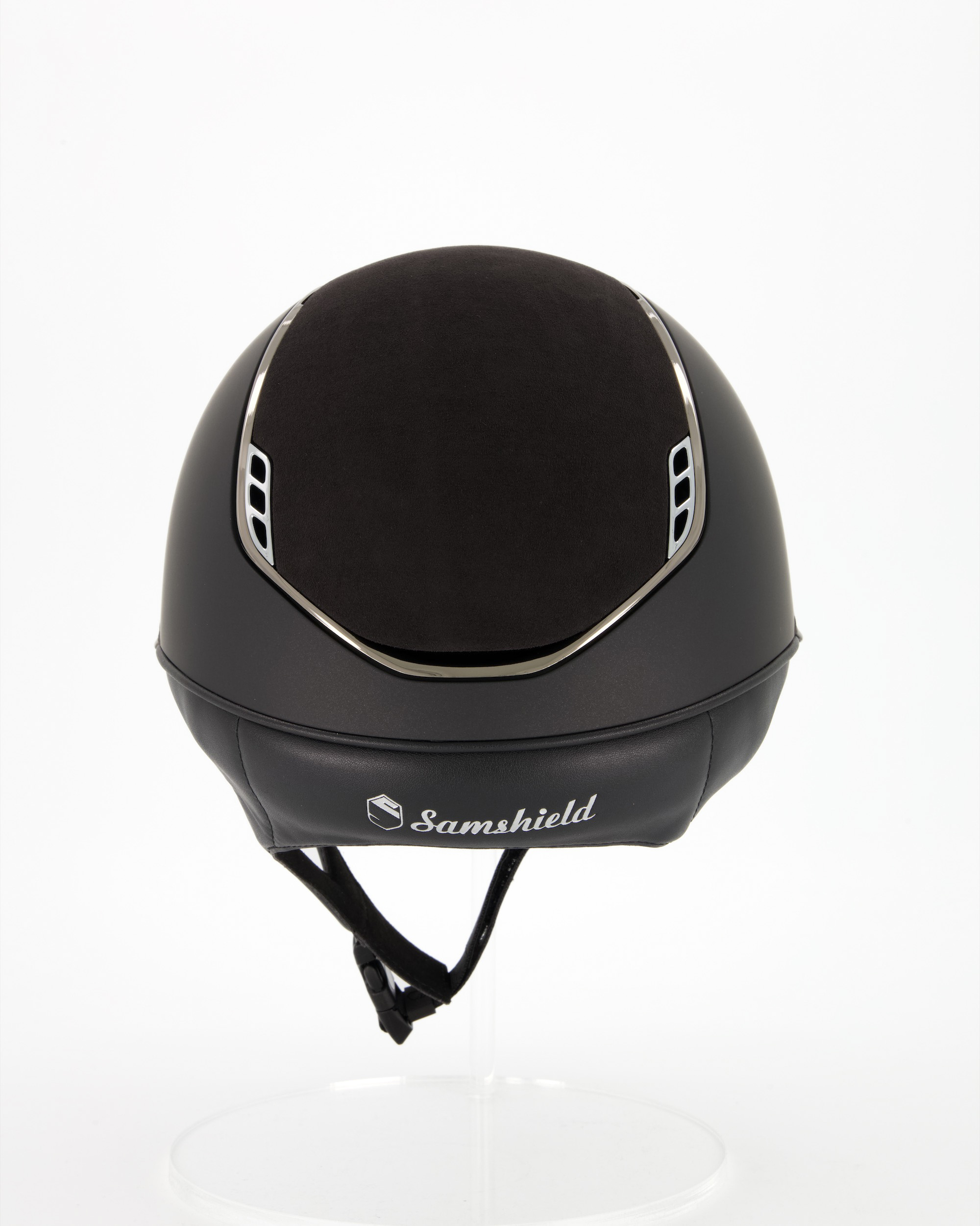 Riding helmet 2.0 Miss Shield Shadowmatt Top and Frontal Band Alcantara, Trim Chrome Black, Blason Crystal Fabric Silver in black