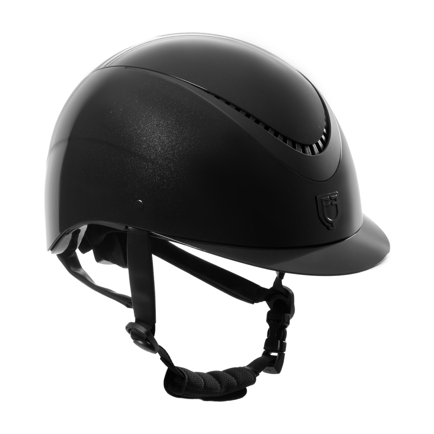 Glanz-Helm mit Kunstleder-Riemen und schmalem Visier, Norm EN 1384-2023