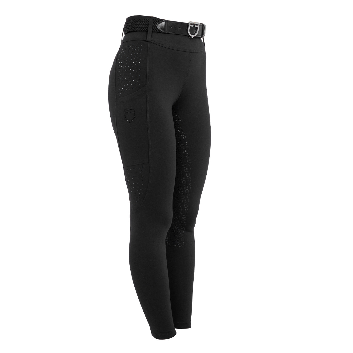 Damen-Leggings mit hohem Bund, Gürtelschlaufen und Strasssteinen