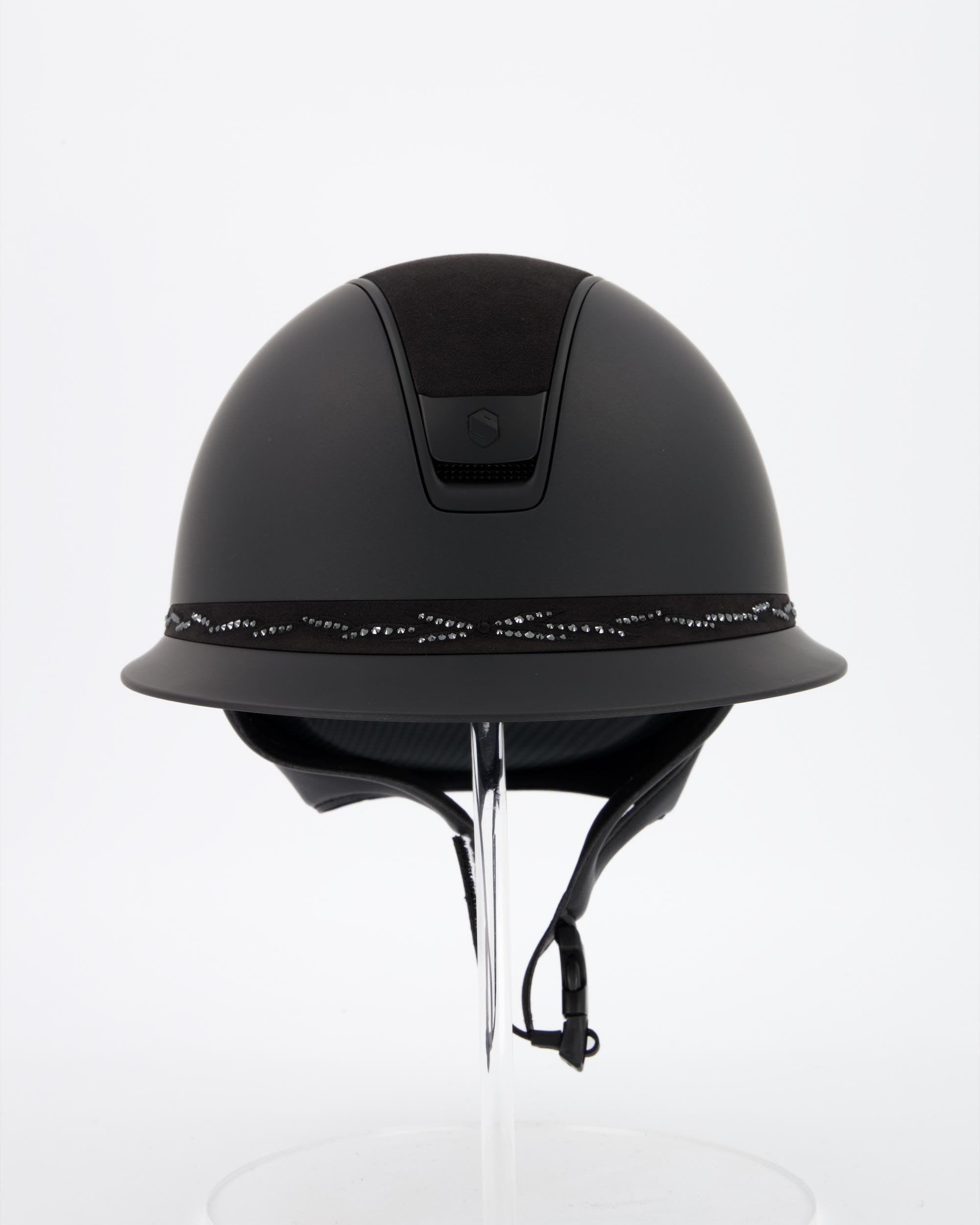 Riding helmet 2.0 Miss Shield Shadowmatt Black, Top Alcantara Black Frontal Band Flower Swarovski, Trim u. Blason Matt Black in black