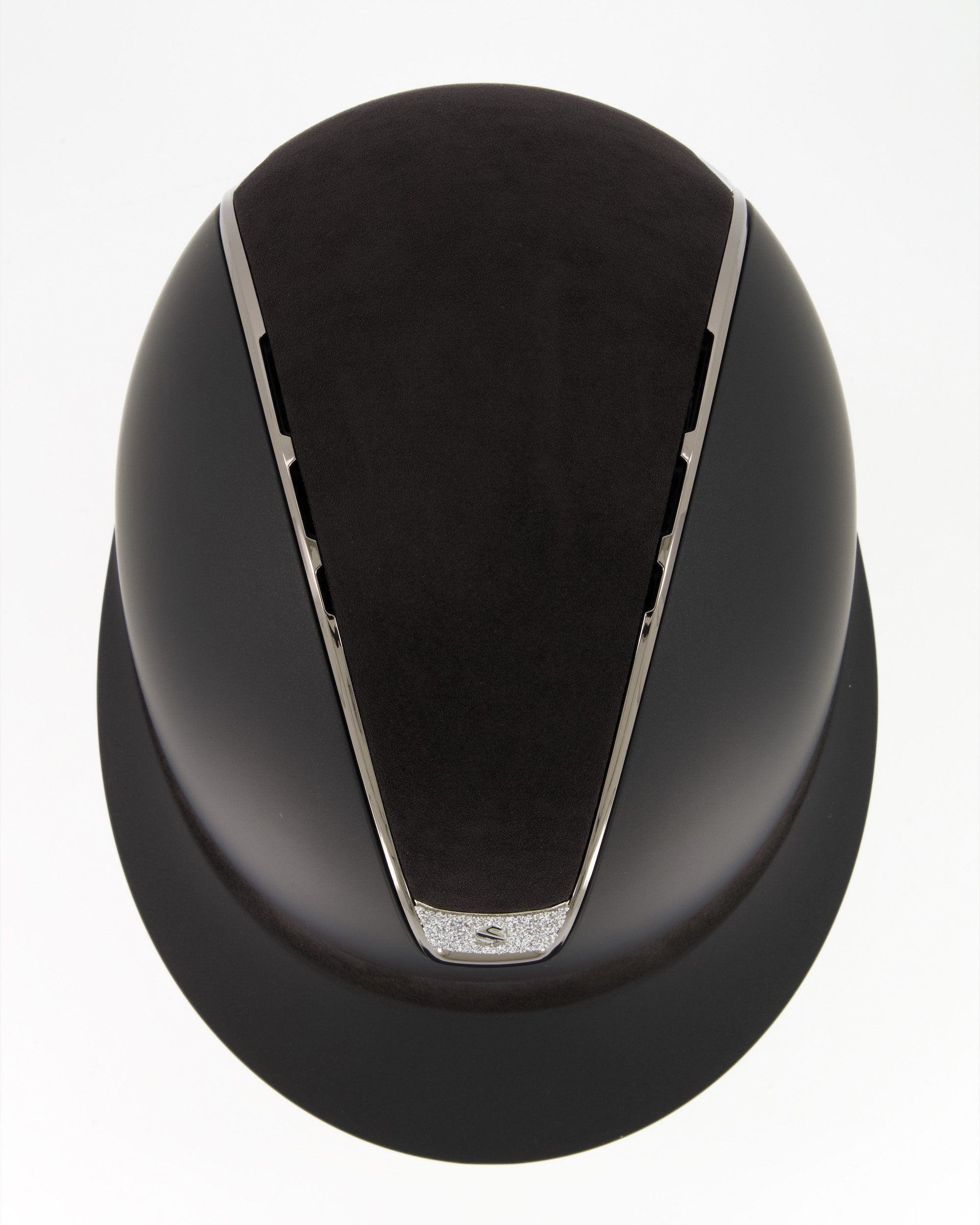 Riding helmet 2.0 Miss Shield Shadowmatt Top and Frontal Band Alcantara, Trim Chrome Black, Blason Crystal Fabric Silver in black