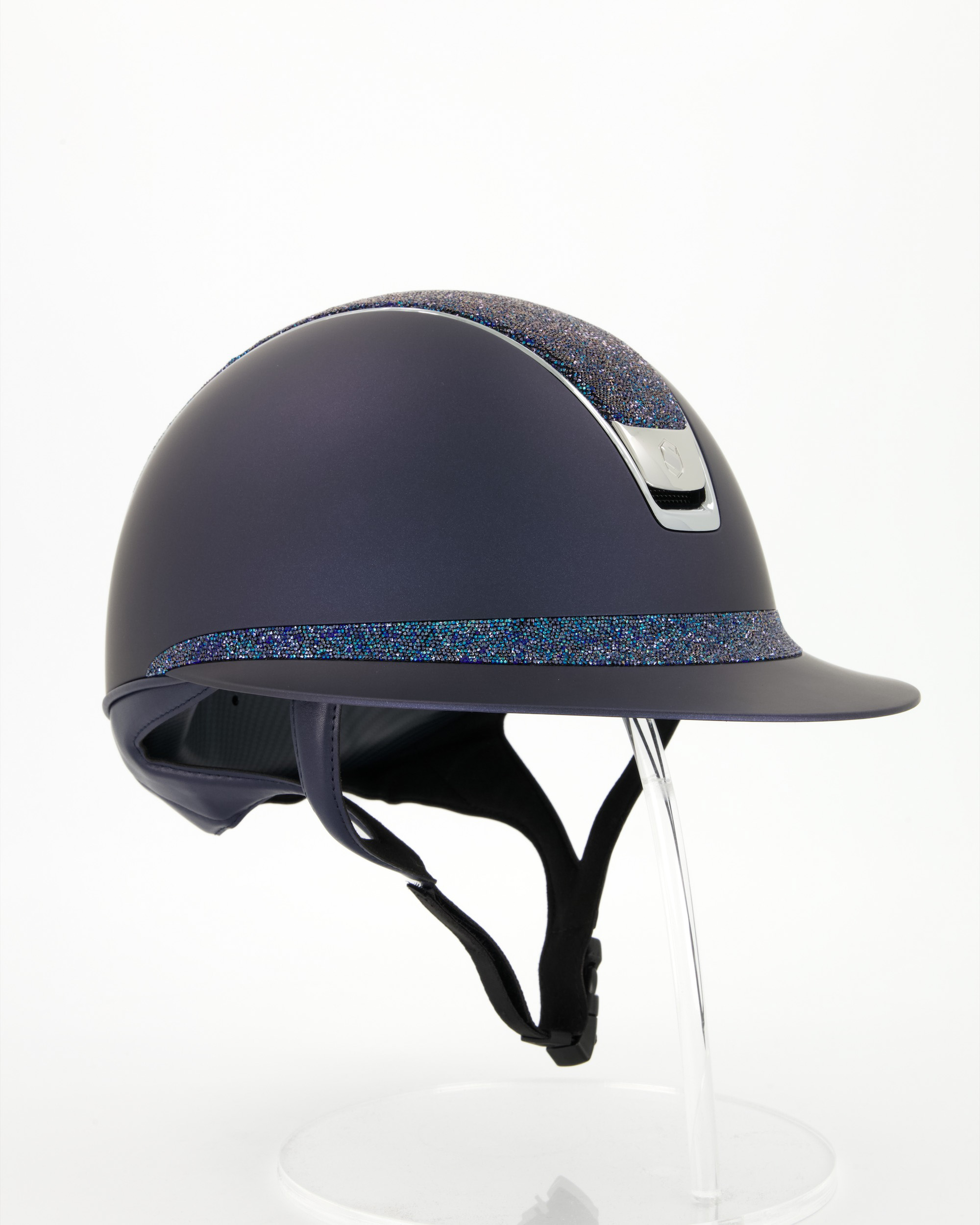 Riding helmet 2.0 Miss Shield Shadowmatt Blue, top and front strap Ultra Fine Rocks, Trim and Blason Chrome Silver in blue