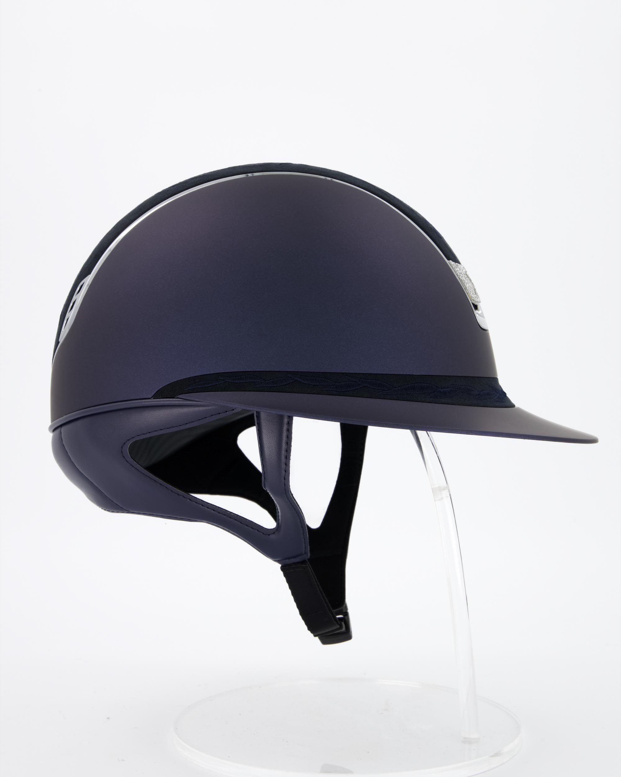 Reithelm 2.0 Miss Shield Shadowmatt Blue, Top u. Frontal Band Fower Embroidery, Trim Chrome, Blason Crystal Fabric Silver in blau