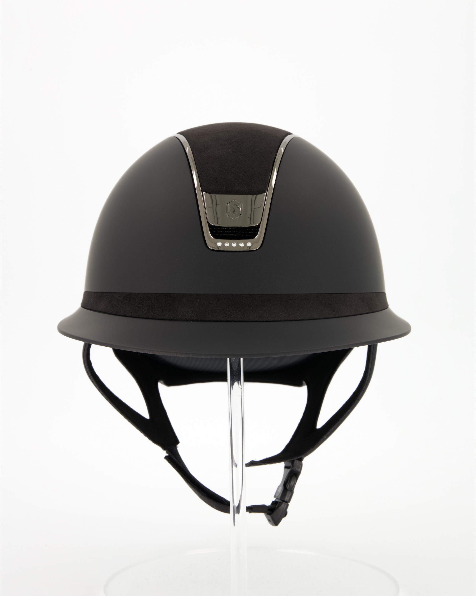 Riding helmet Miss Shield 2.0 Shadowmatt , Top and frontal band Alcantara black, Trim and Blason Chrome Black, 5 Swarovski in black