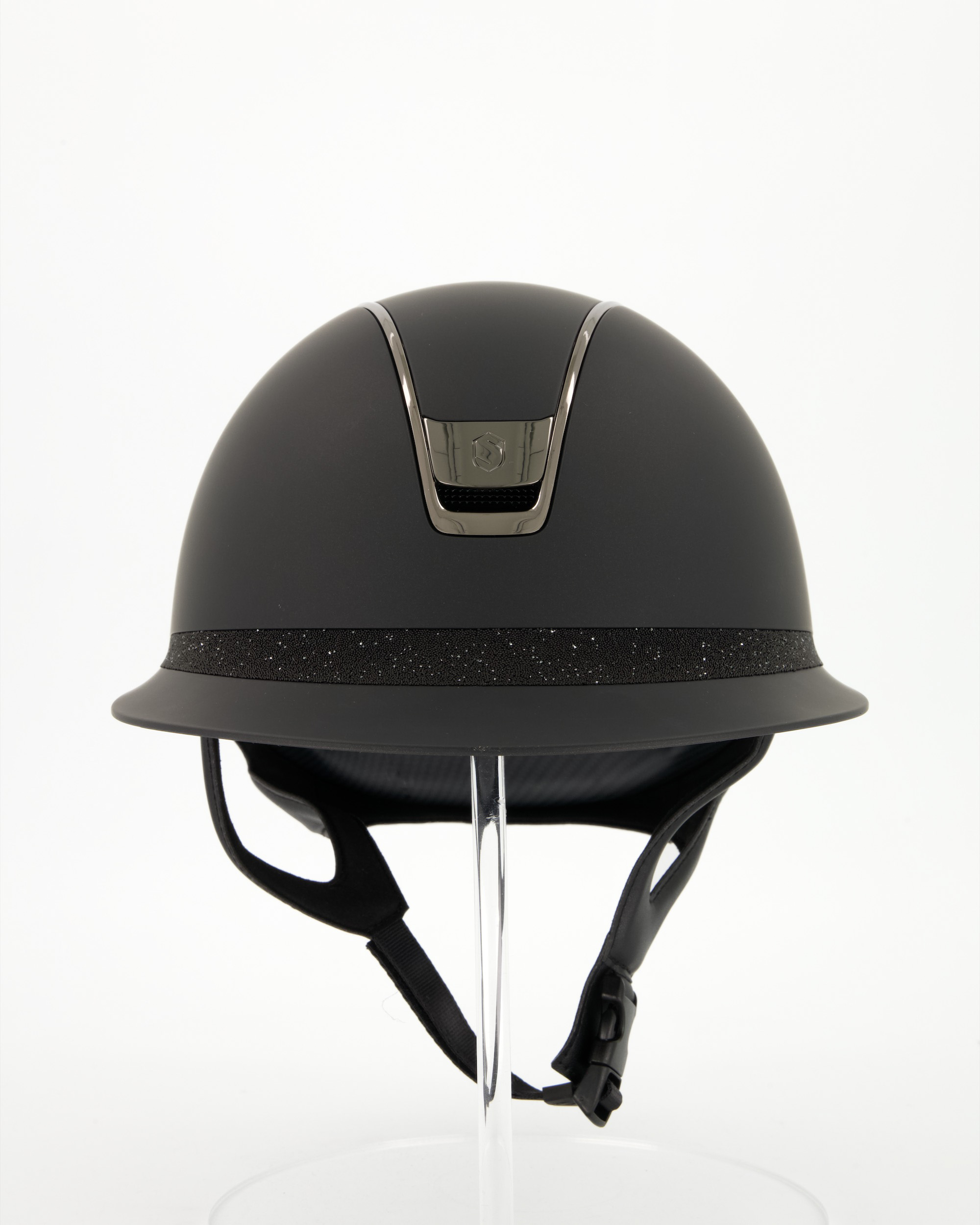 Riding helmet 2.0 Miss Shield Shadowmatt,Frontal Band Crystal Fabric Black, Trim u. Blason Chrome Black in black