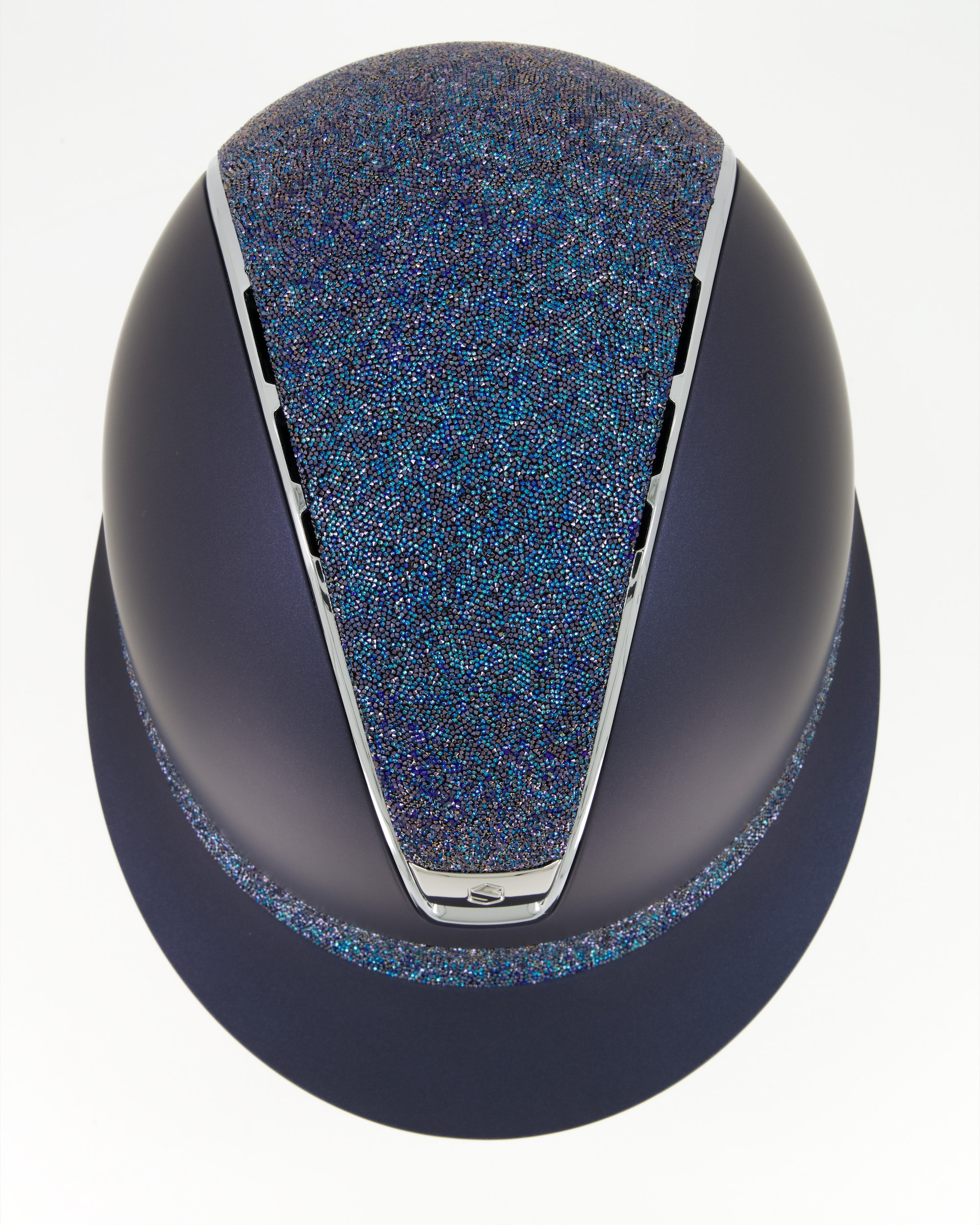 Riding helmet 2.0 Miss Shield Shadowmatt Blue, top and front strap Ultra Fine Rocks, Trim and Blason Chrome Silver in blue