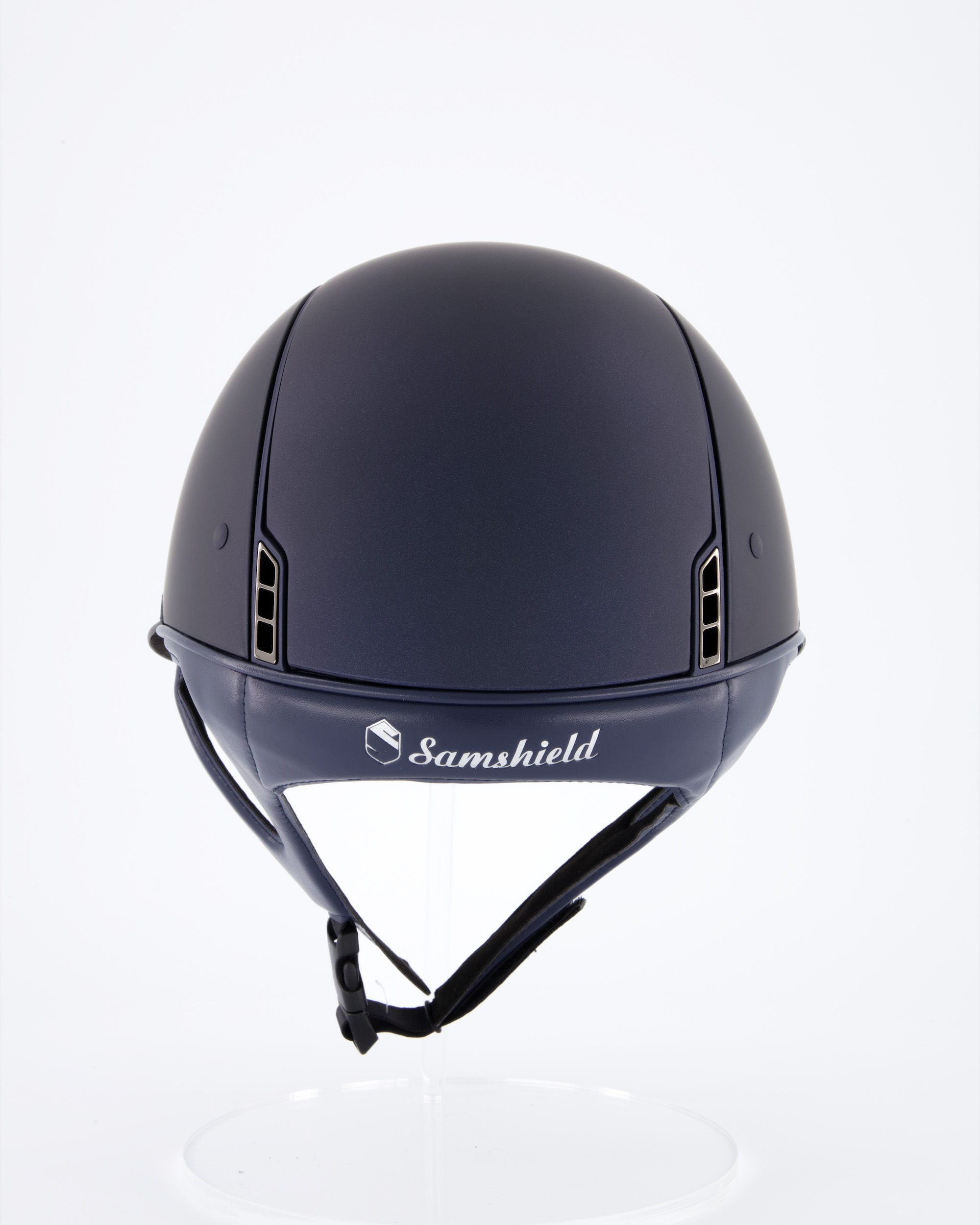 Riding helmet Miss Shield Shadowmatt Blue, Top Shadowmatt Blue, Frontal Band Flower Embroidery Blue, Trim Matt Navy Blue, 5 Swarovski Dark Blue, Blason Chrome Black