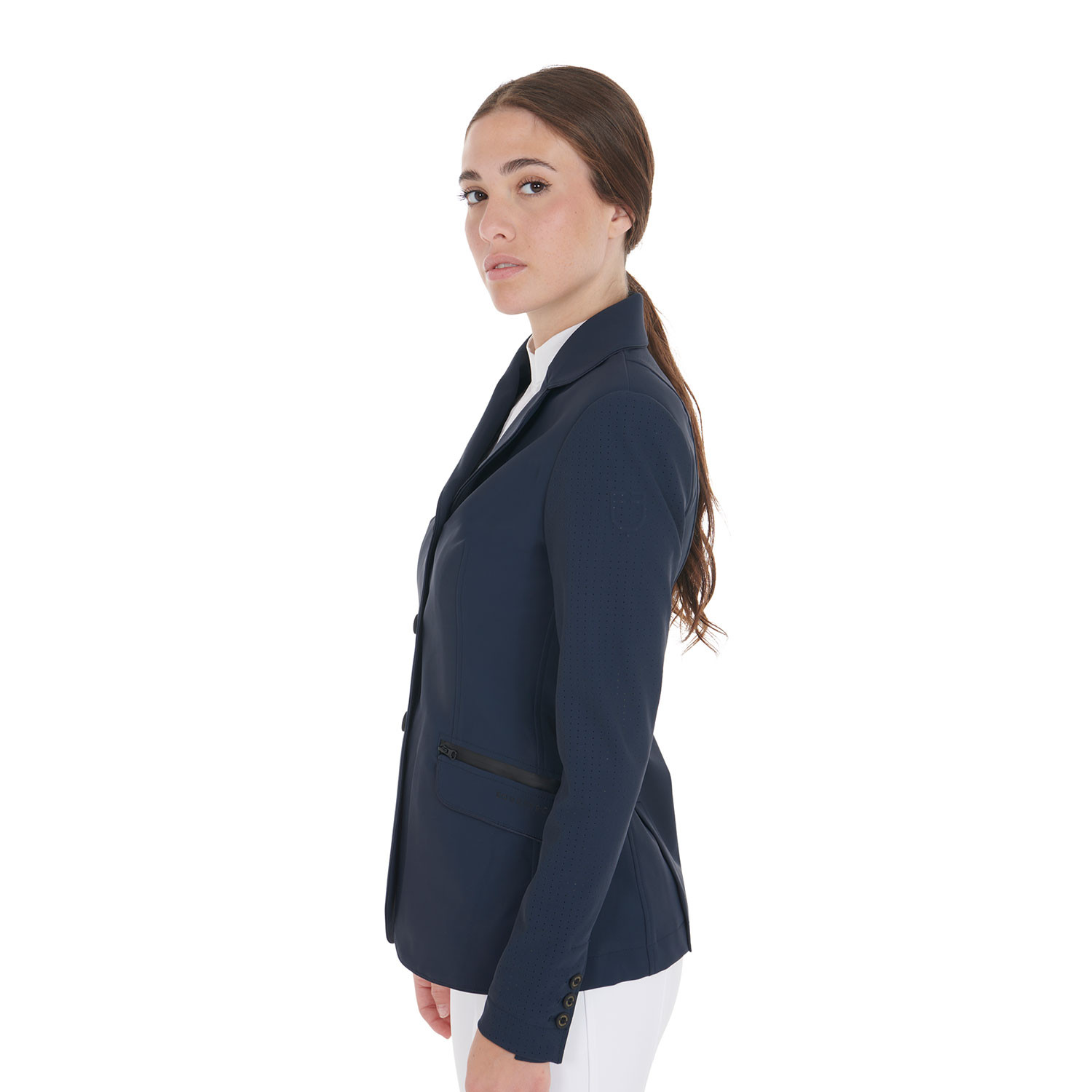 Damen-Turnierjacke mit drei Knöpfen aus perforiertem Stoff