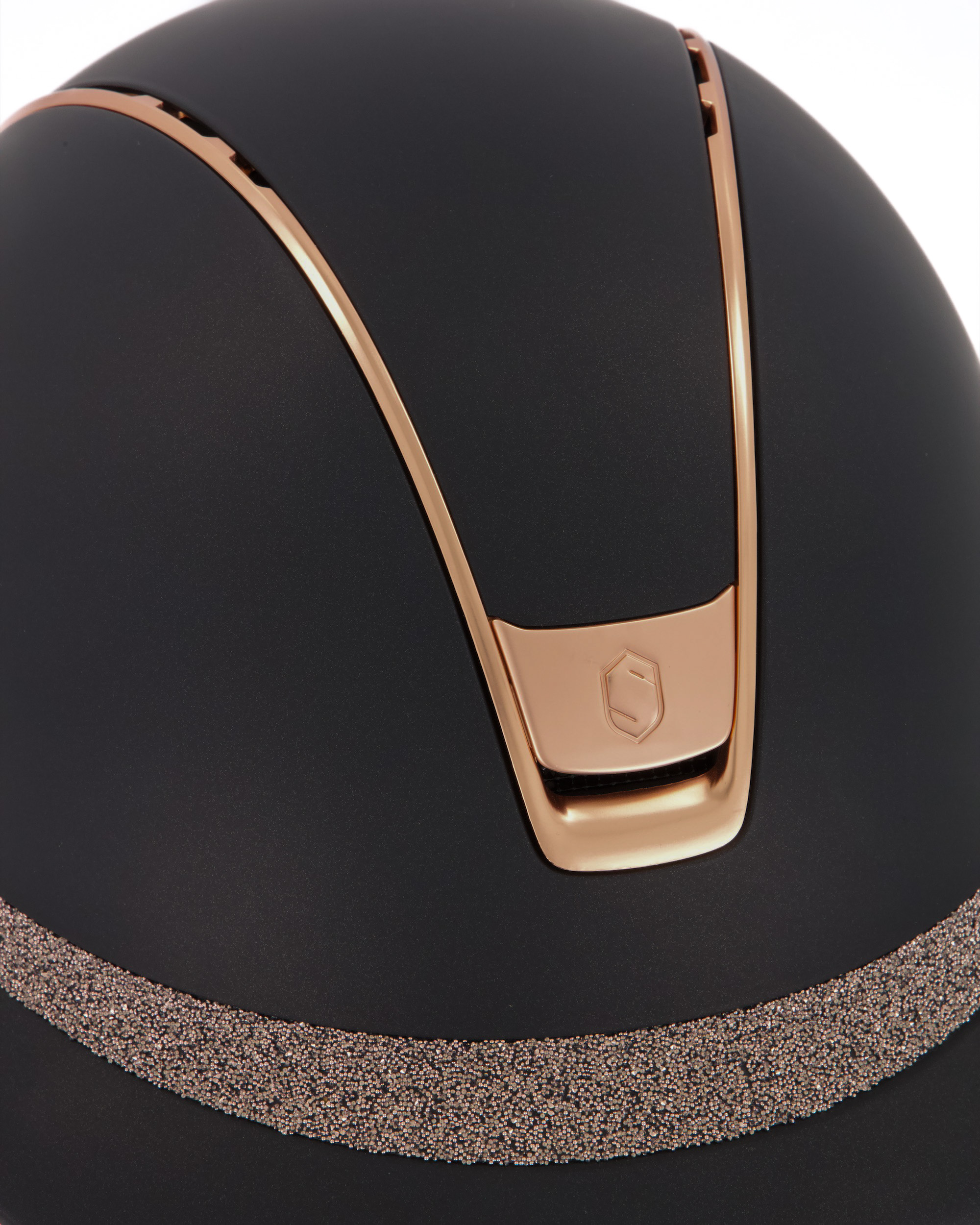 Reithelm 2.0 Miss Shield Shadowmatt black, Frontal Band Crystal Fabric rosegold, Trim u. Blason Matt Pink