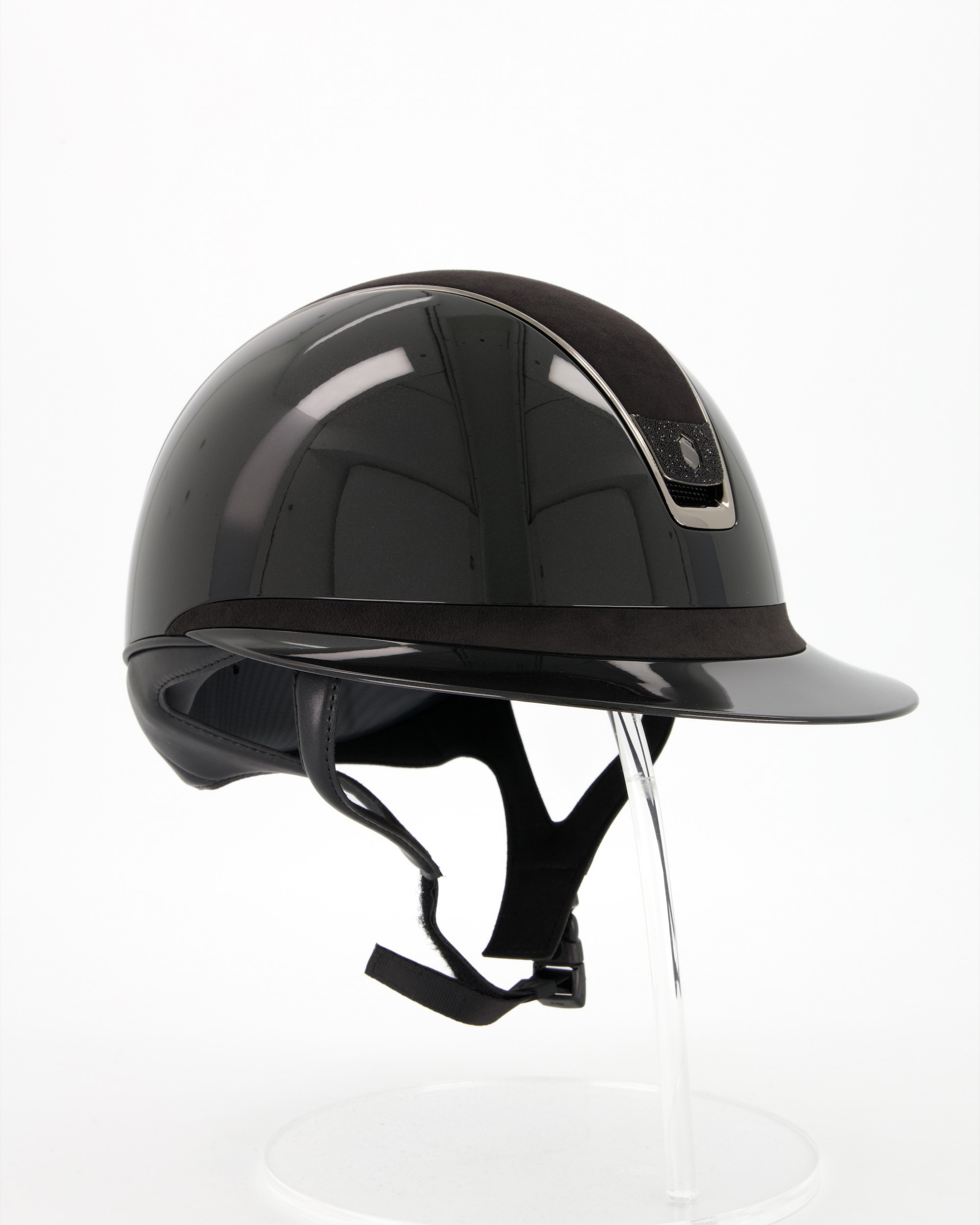 Riding helmet 2.0 Miss Shield Shadowglossy Top u. Frontal Band Alcantara, Trim Chrome Black, Blason Crystal Fabric Black in black