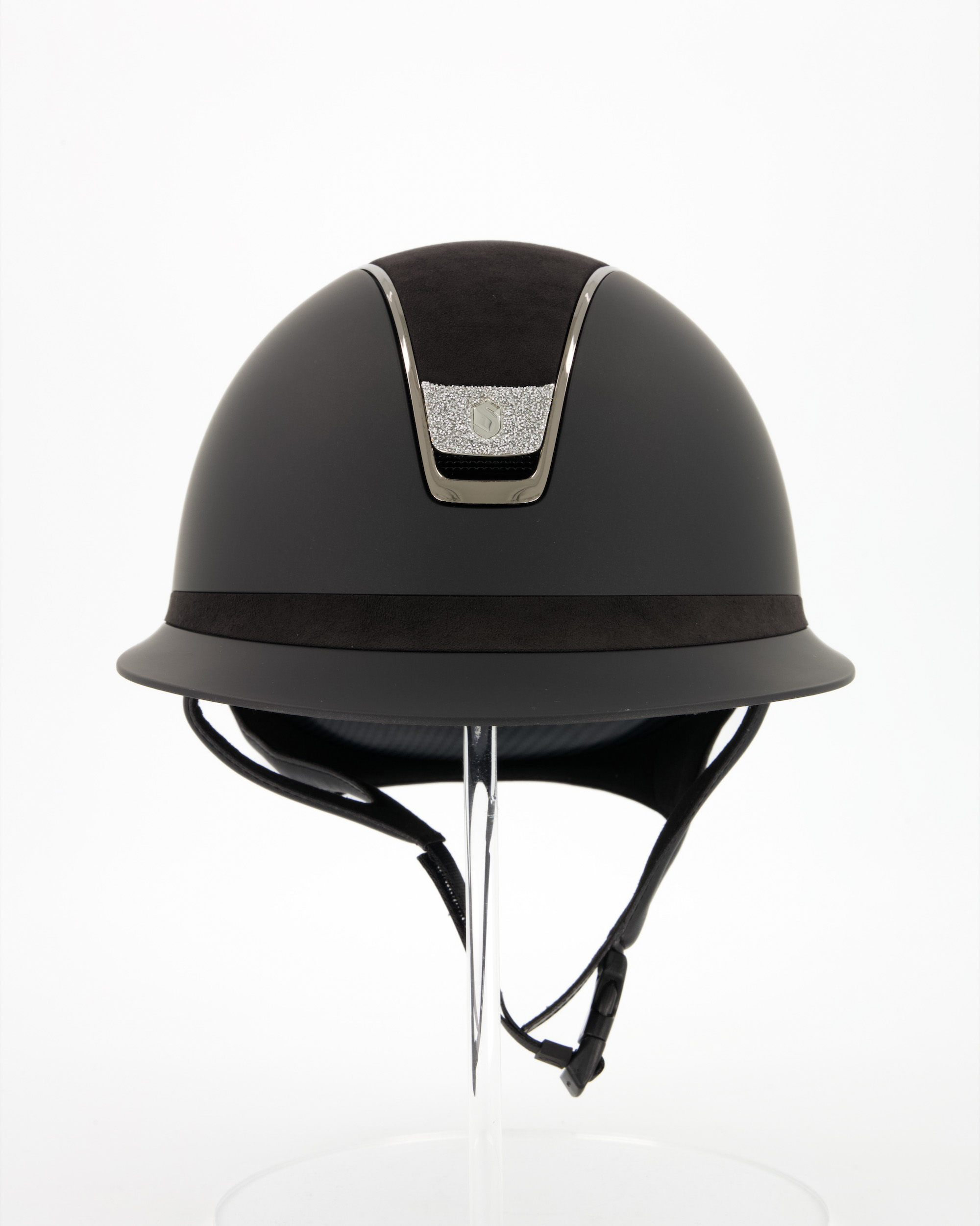 Riding helmet 2.0 Miss Shield Shadowmatt Top and Frontal Band Alcantara, Trim Chrome Black, Blason Crystal Fabric Silver in black