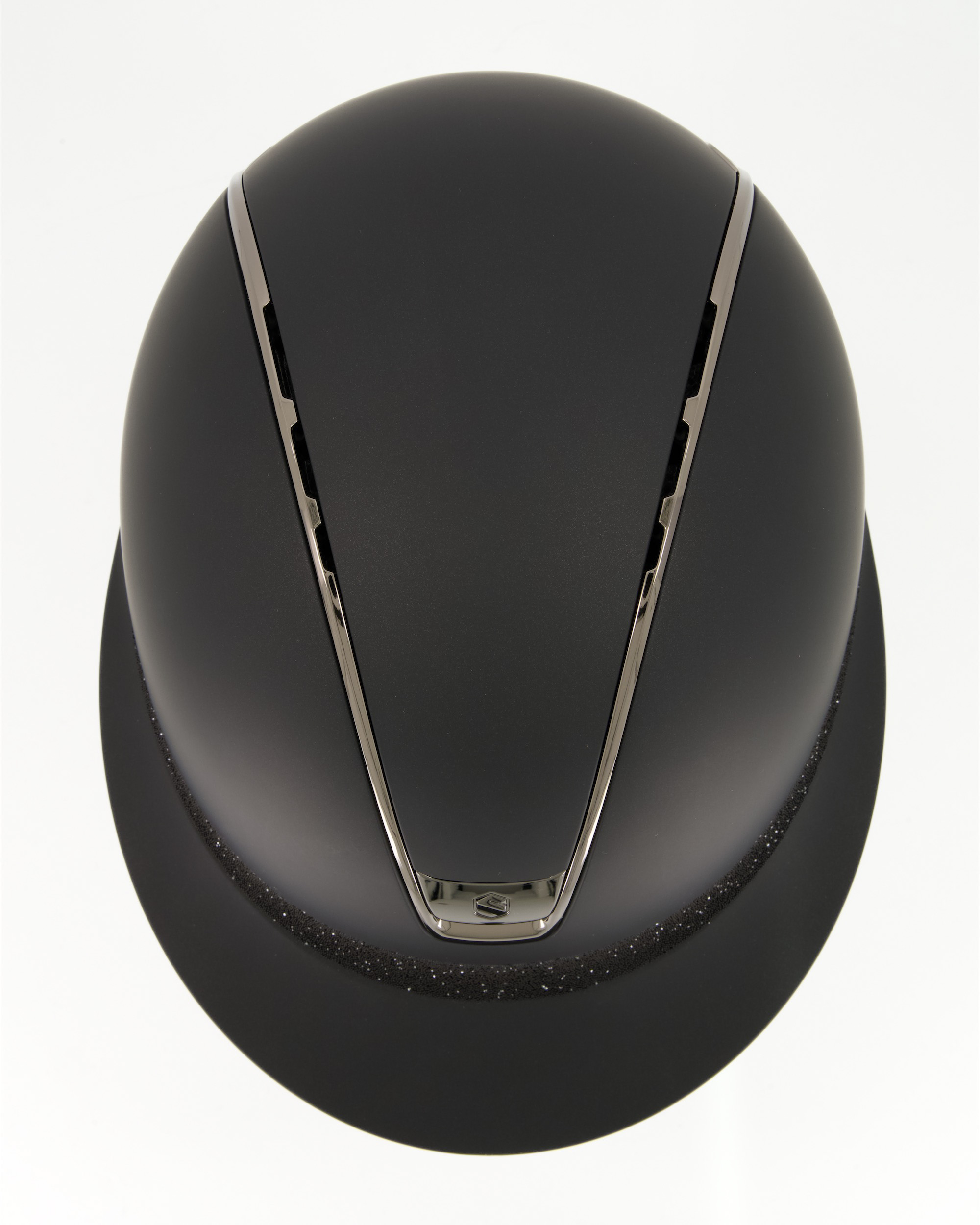 Riding helmet 2.0 Miss Shield Shadowmatt,Frontal Band Crystal Fabric Black, Trim u. Blason Chrome Black in black