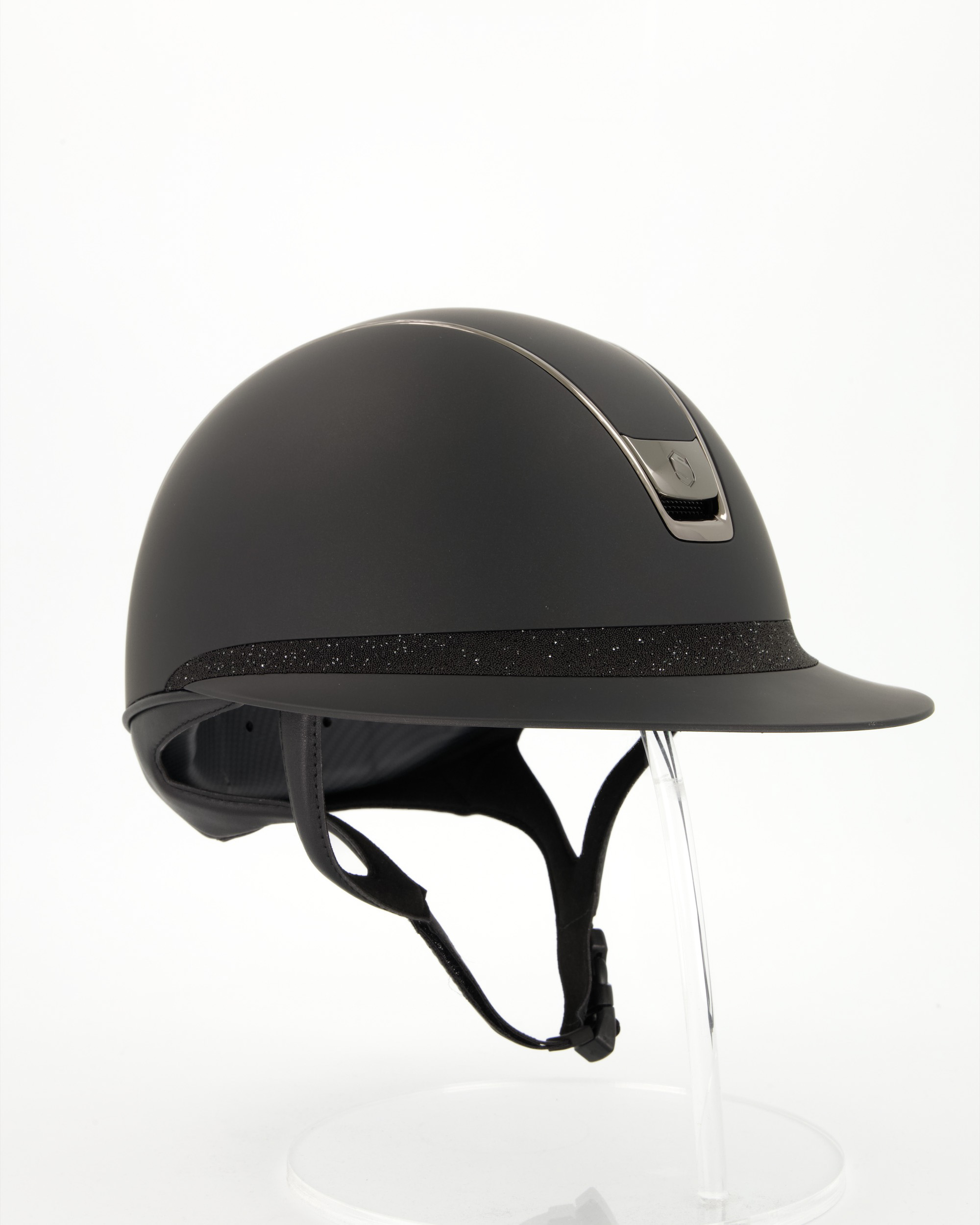 Riding helmet 2.0 Miss Shield Shadowmatt,Frontal Band Crystal Fabric Black, Trim u. Blason Chrome Black in black