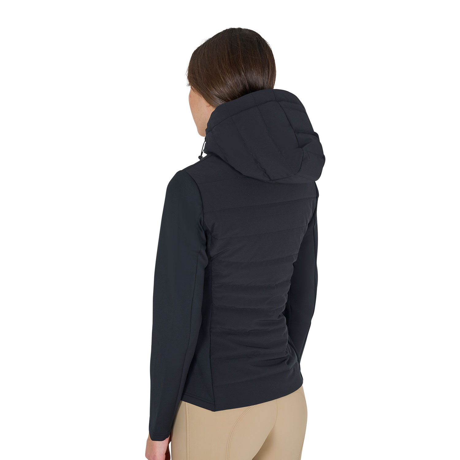 Damen-Daunenjacke mit Kapuze aus technischem Materialmix