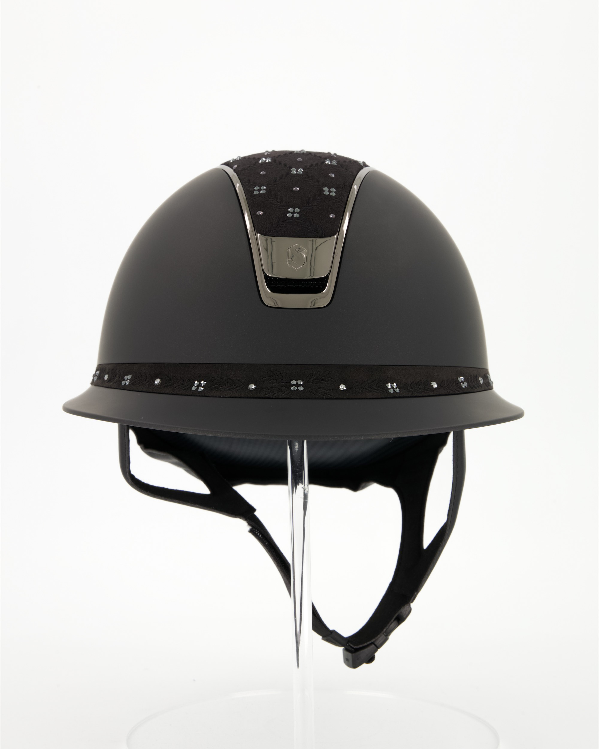 Reithelm 2.0 Miss Shield Shadowmatt Black, Top u. Frontalband Royal Flower, Trim u. Blason Chrome Black in schwarz