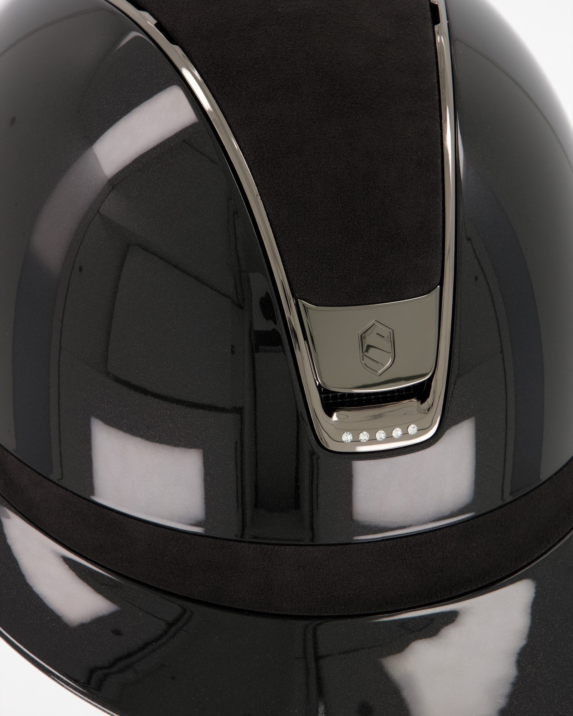Riding helmet 2.0 Miss Shieldglossy Black, Top and frontal band Alcantara Black, Trim and Blason Chrome Black, 5 Swarovski Black in black