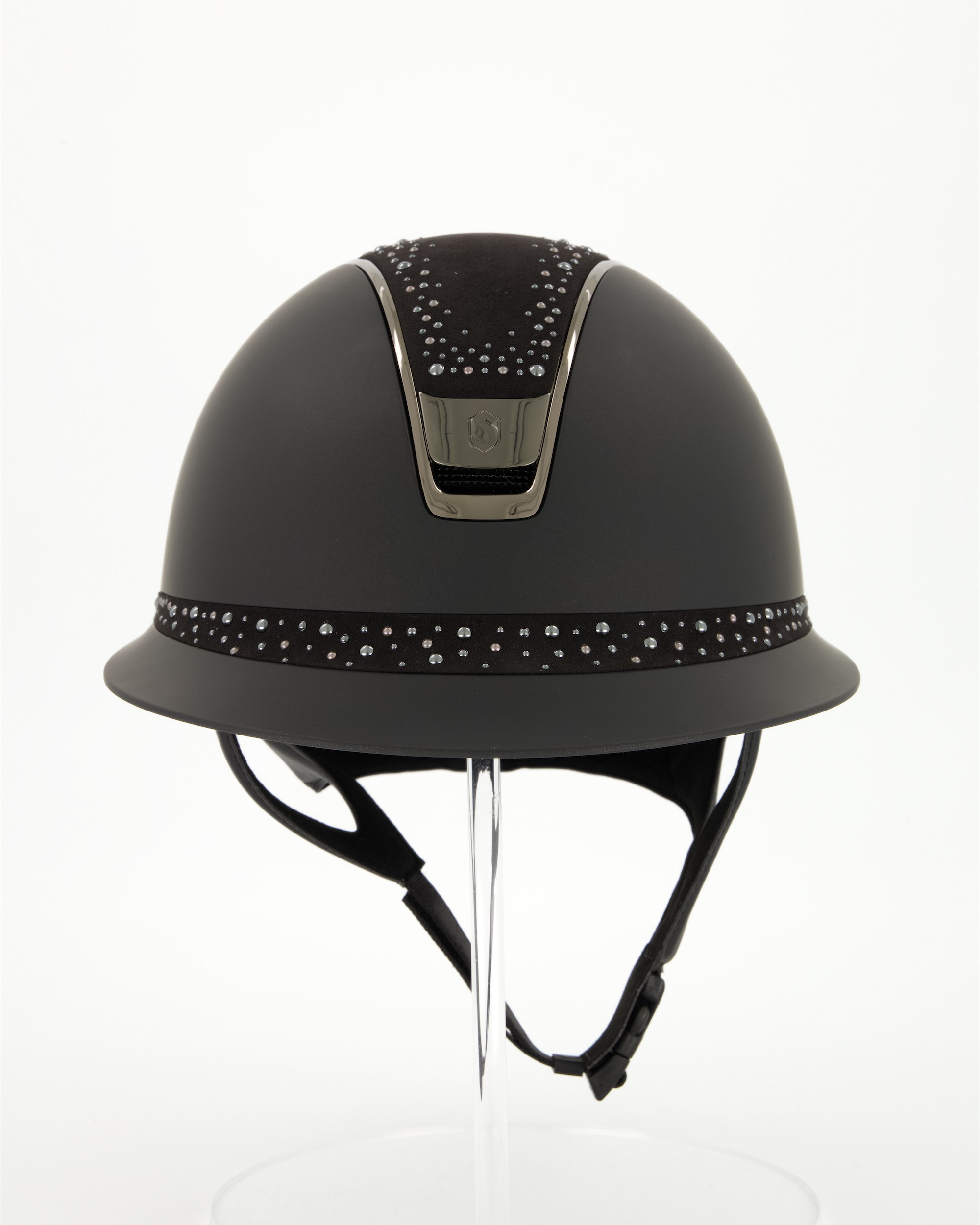 Riding helmet 2.0 Miss Shield Shadowmatt Black, Top and front strap night pearl, Trim and Blason Chrome Black in black