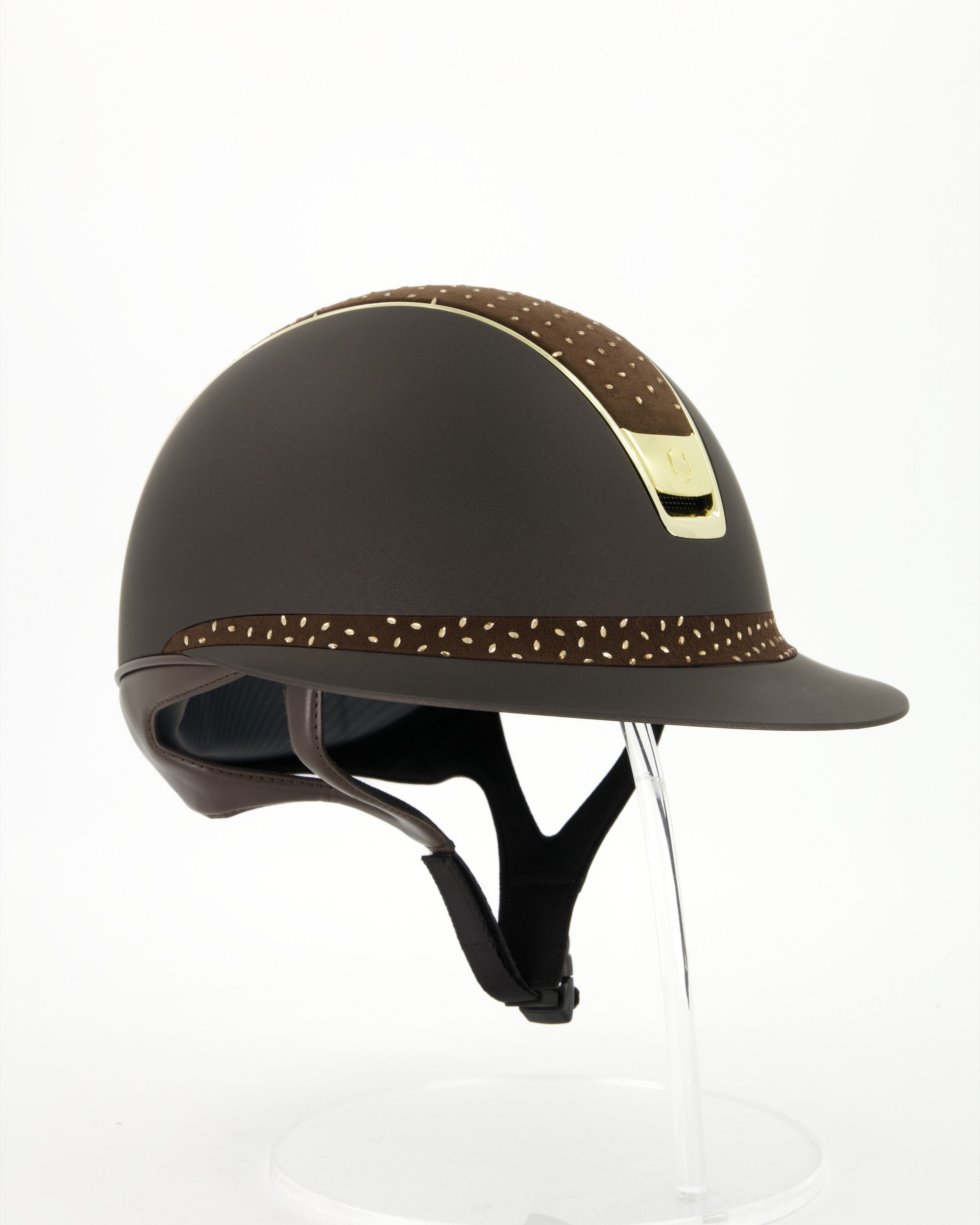 Riding helmet 2.0 Miss Shield Shadowmatt brown, top and frontal band Crystal Comet light Colorado Topaz, trim and blason Chrome Gold in brown
