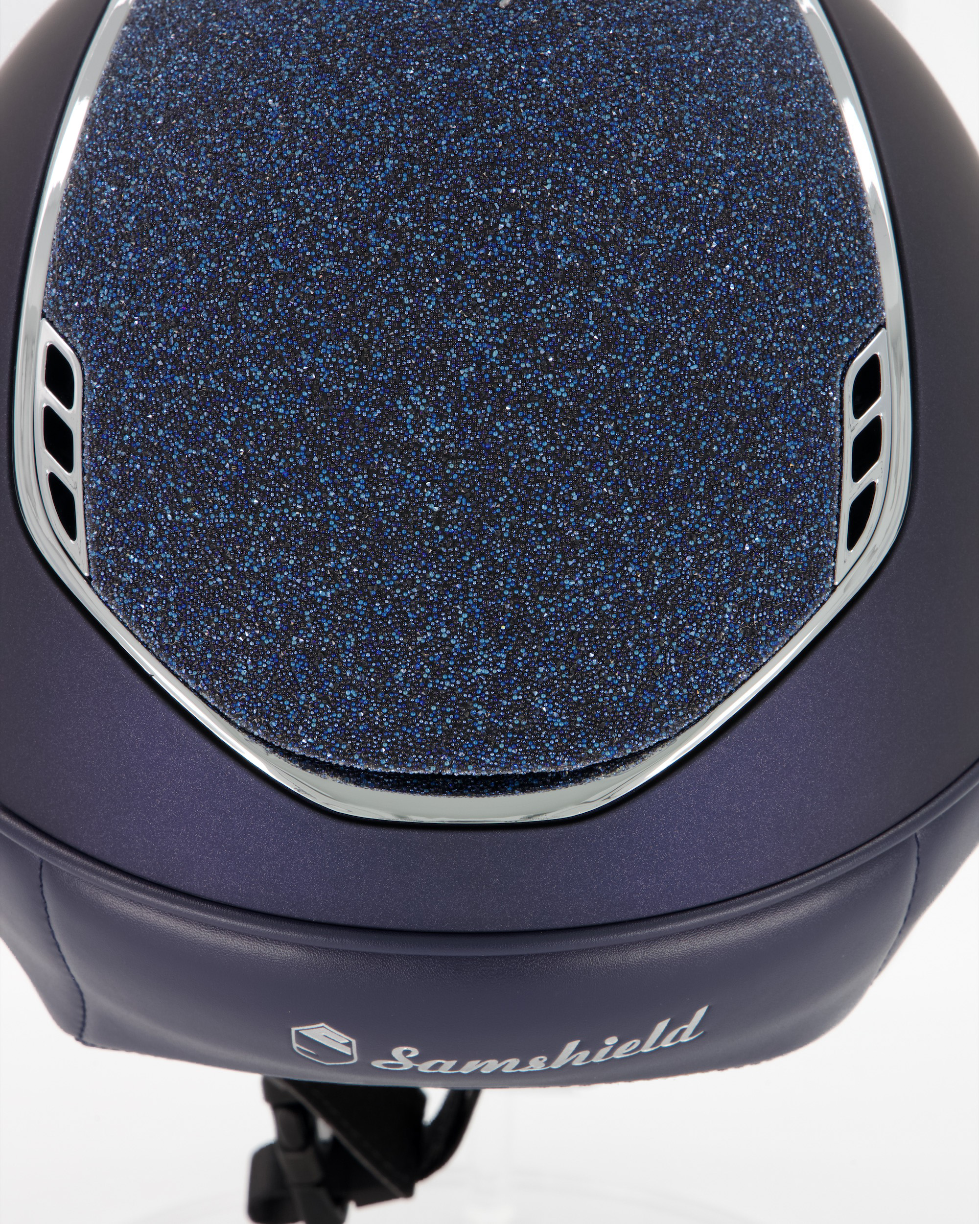Reithelm Miss Shield 2.0 Shadowmatt, Top u.Frontalband Crystal Fabric Swarovski Blue, Trim u. Blason Chrome Silver in blau