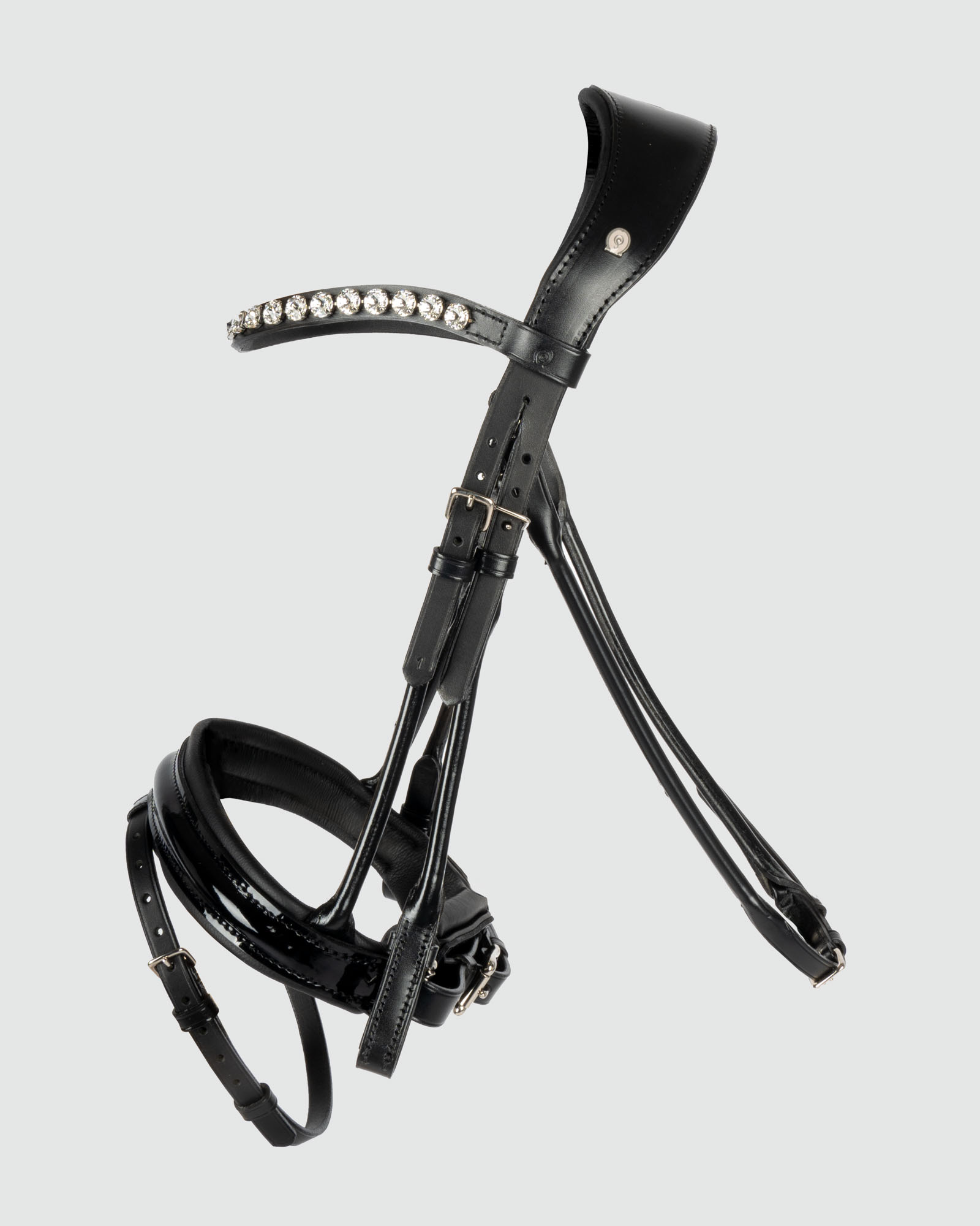 Bellevue snaffle bridle round-stitched with bridle hooks, Swedish Comfort XS patent noseband, Rivoli Crystal browband incl. 16mm round-stitched web reins in black