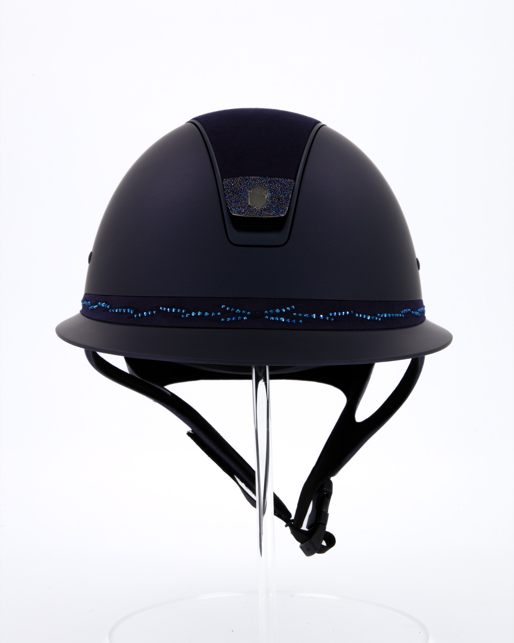 Reithelm Miss Shield Shadowmatt, Top Alcantara Blue, Frontal Band Flower Swarovski Light Sapphire, Trim Matt Navy, Blason Crystal Fabric Bermuda Blue in blau