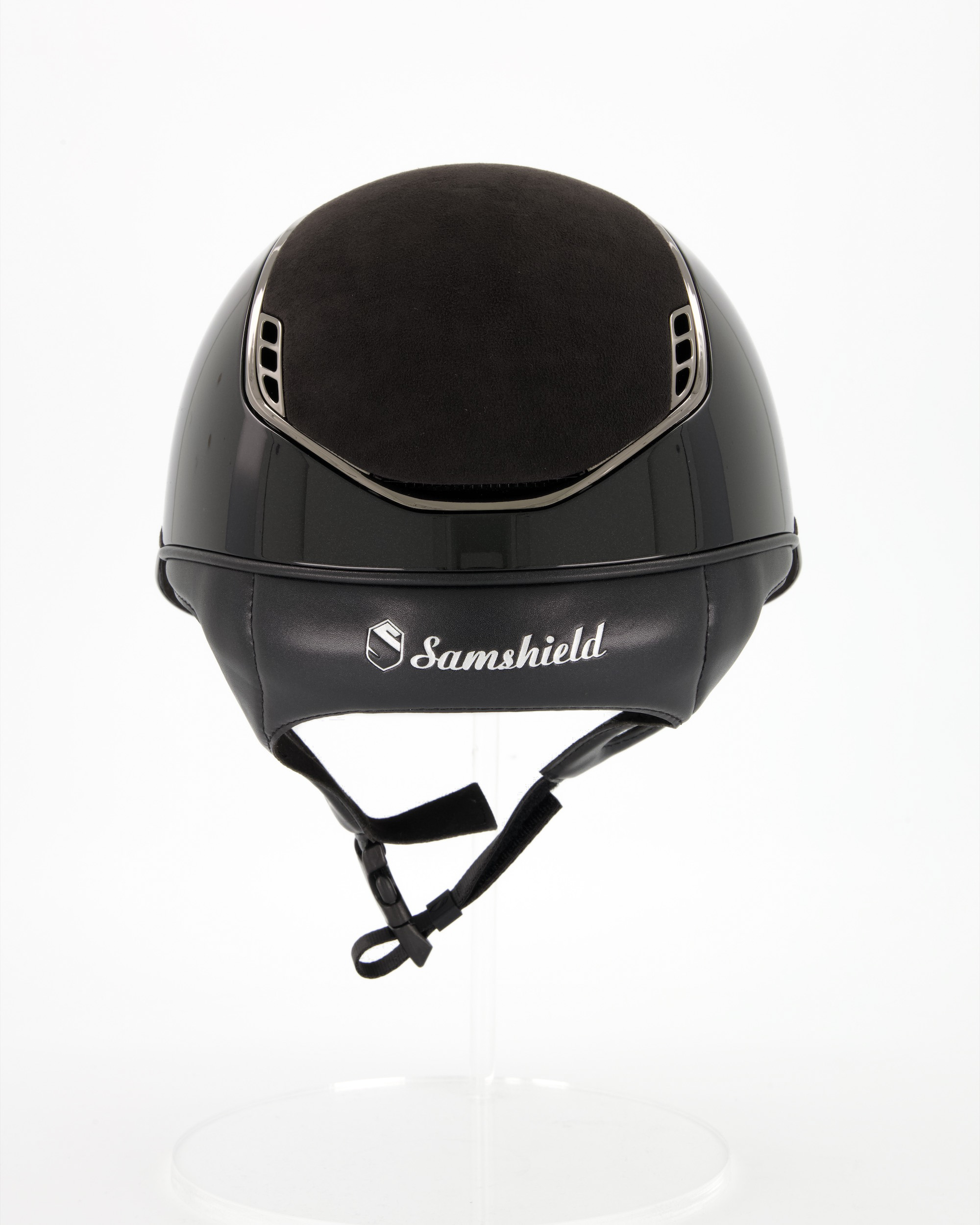 Riding helmet 2.0 Miss Shieldglossy Black, Top and frontal band Alcantara Black, Trim and Blason Chrome Black, 5 Swarovski Black in black