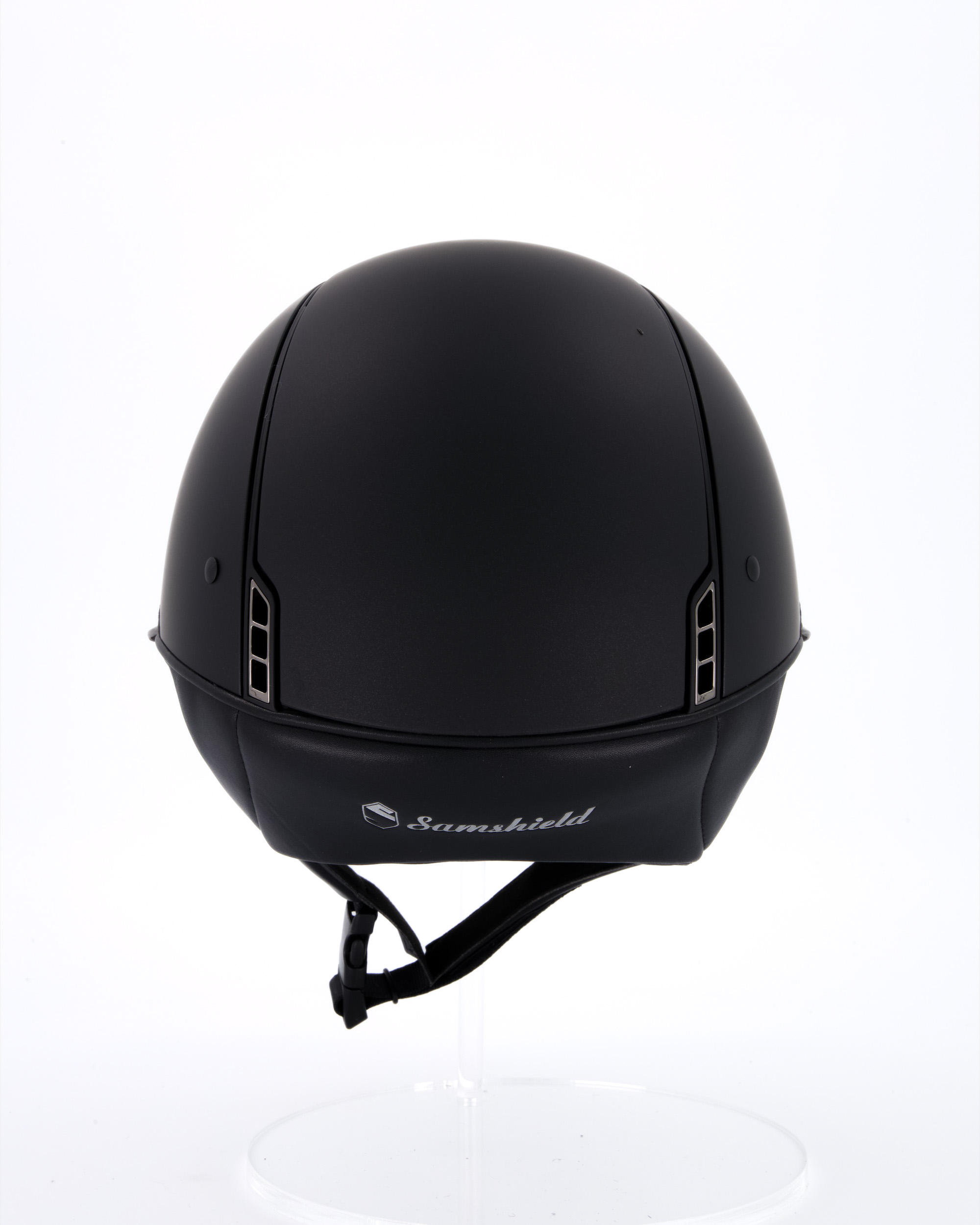 Riding helmet Miss Shield Shadowmatt Black, Top Shadowmatt Black, Frontal Band Flower Embroidery Black, Trim Matt Black, 5 Swarovski Jet Hemitate, Blason Chrome Black