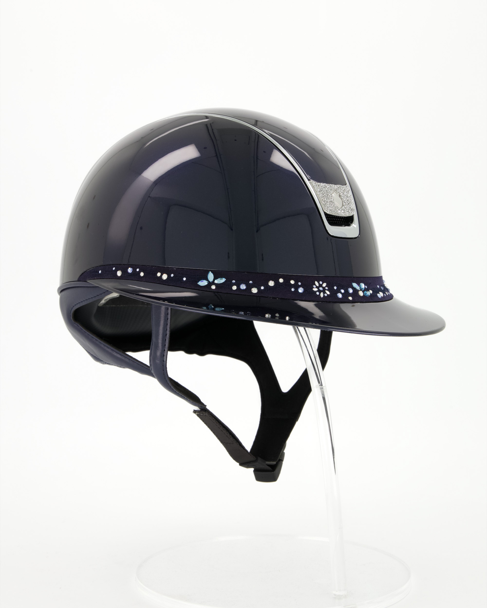 Riding helmet 2.0 Miss Shield Shadowglossy Blue, Frontalband Flower Swarovski Jewerly, Trim Chrome Silver, Blason Crystal Fabric Silver