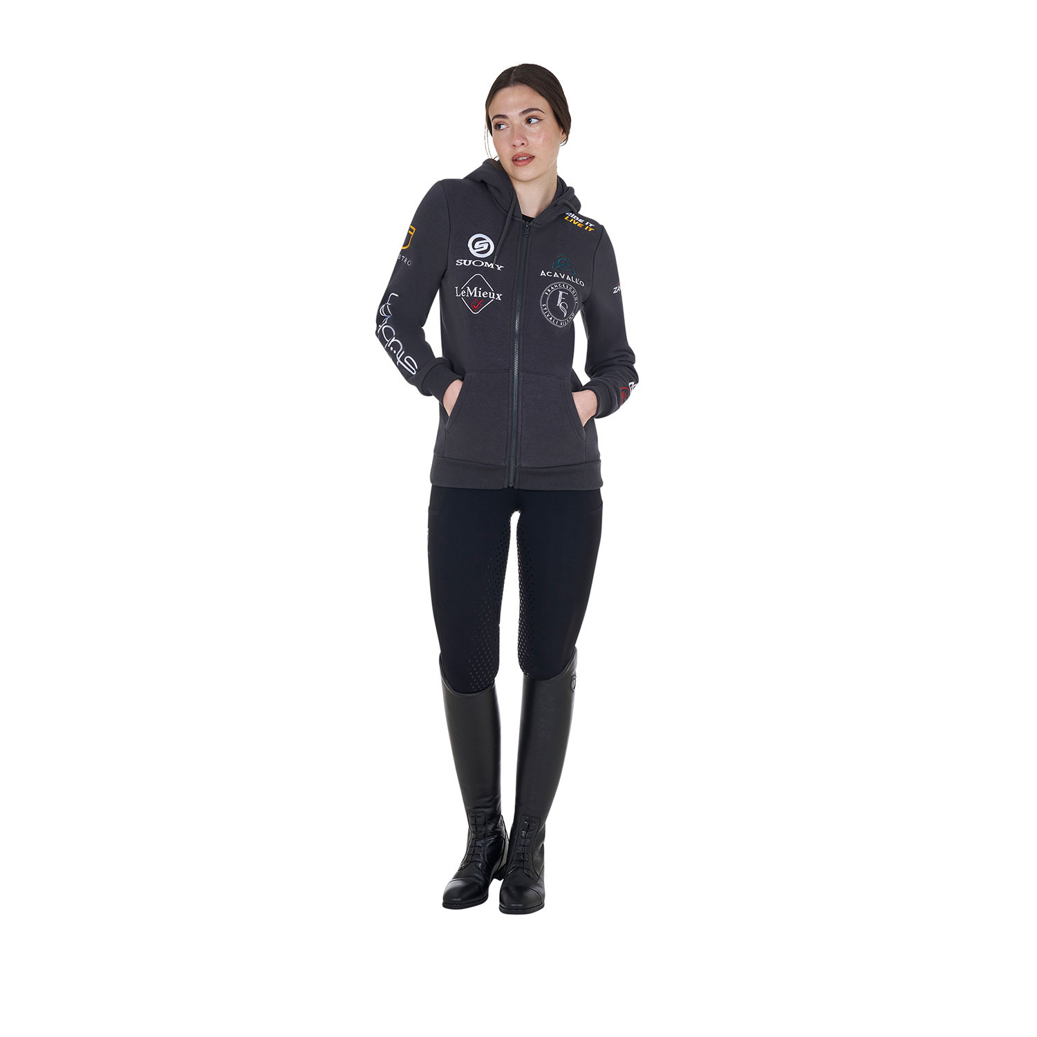 Damen-Kapuzenpullover mit mehreren Logos, Design 2024
