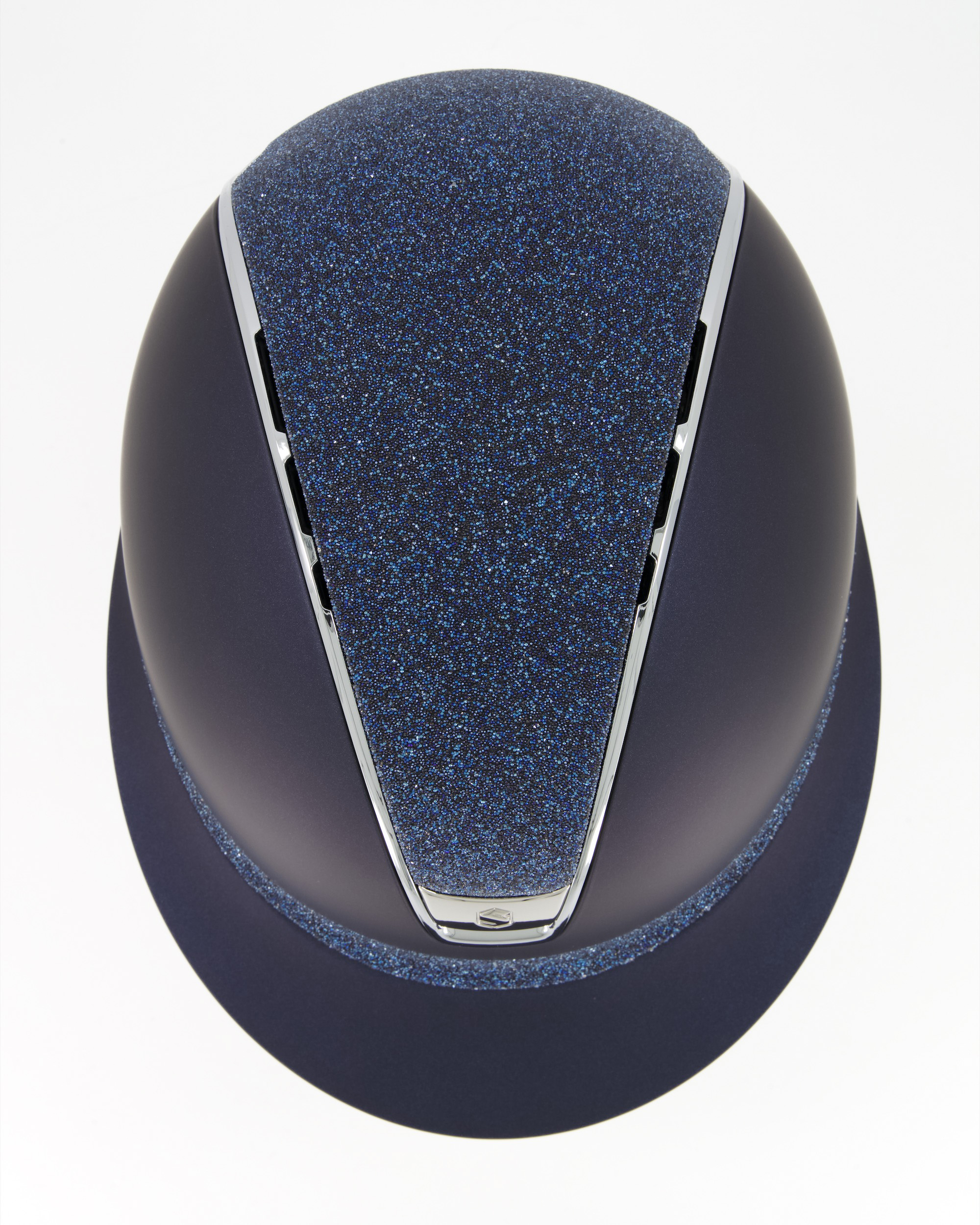 Reithelm Miss Shield 2.0 Shadowmatt, Top u.Frontalband Crystal Fabric Swarovski Blue, Trim u. Blason Chrome Silver in blau