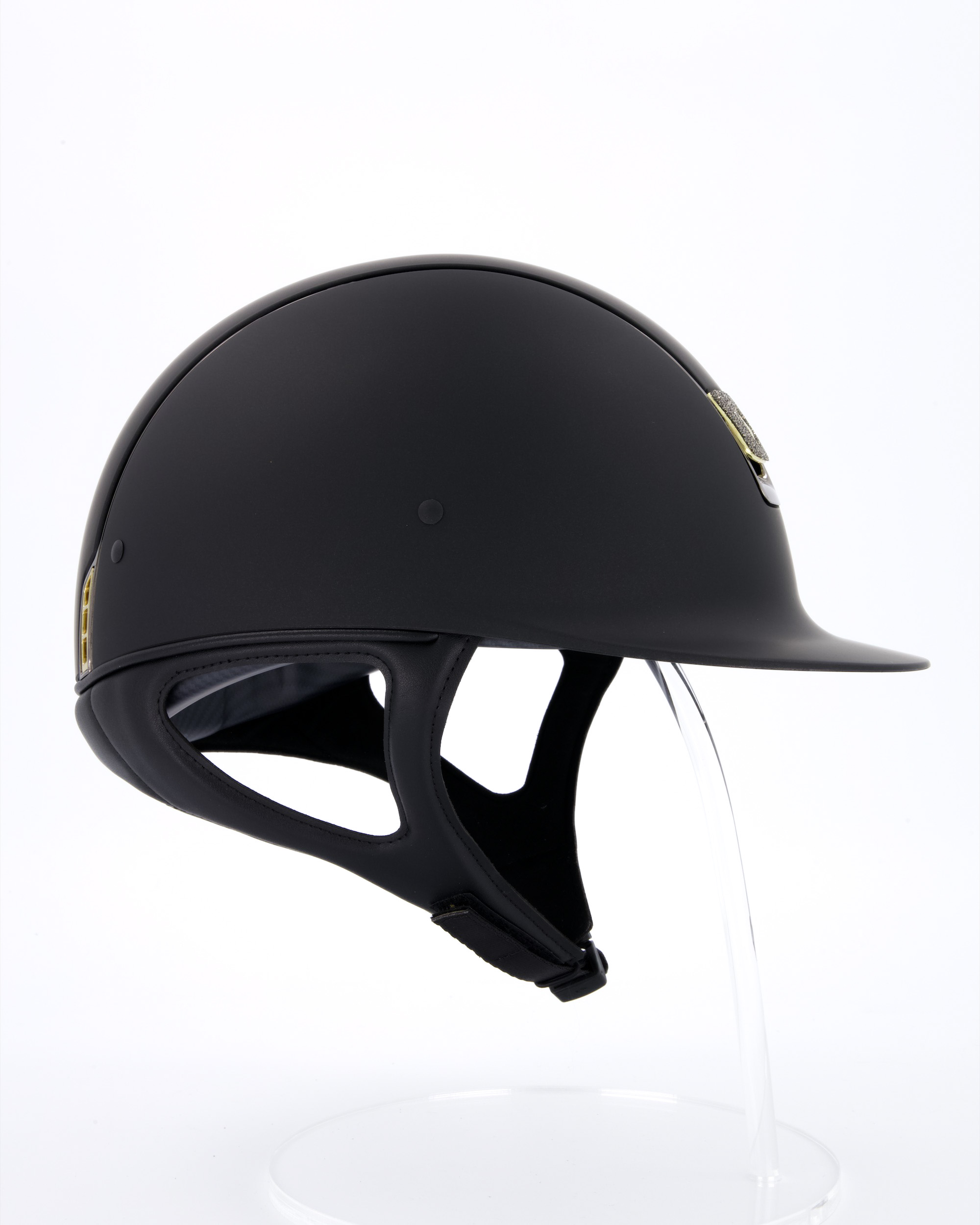 Riding helmet Shadowmatt Black Chrome Blason Crystal Fabric Gold in black