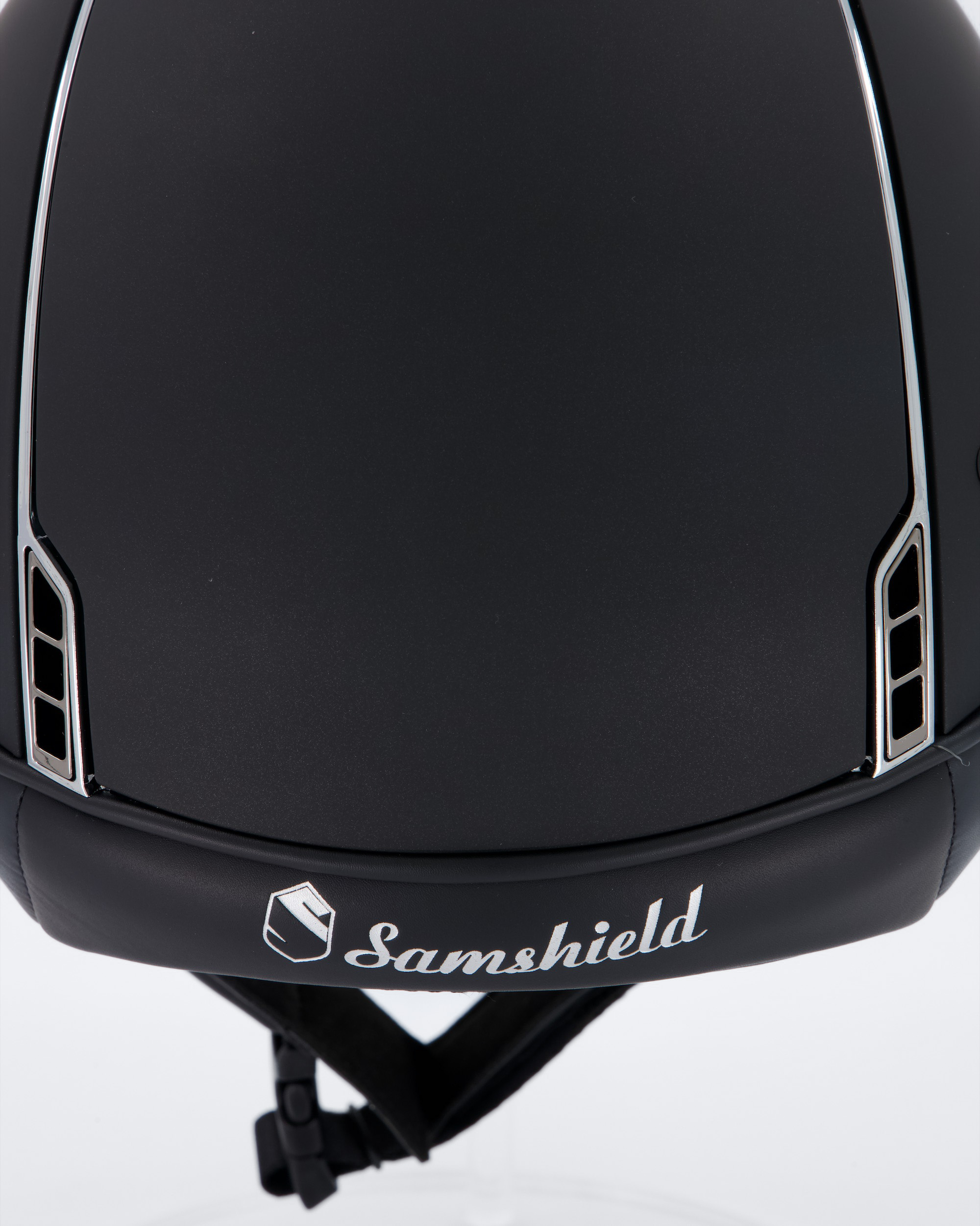 Riding helmet Shadowmatt Black, Top Shadowmatt Black, Trim Chrome Silver, Blason Crystal Fabric Bermuda Blue, Dressage cut-out, Size: L
