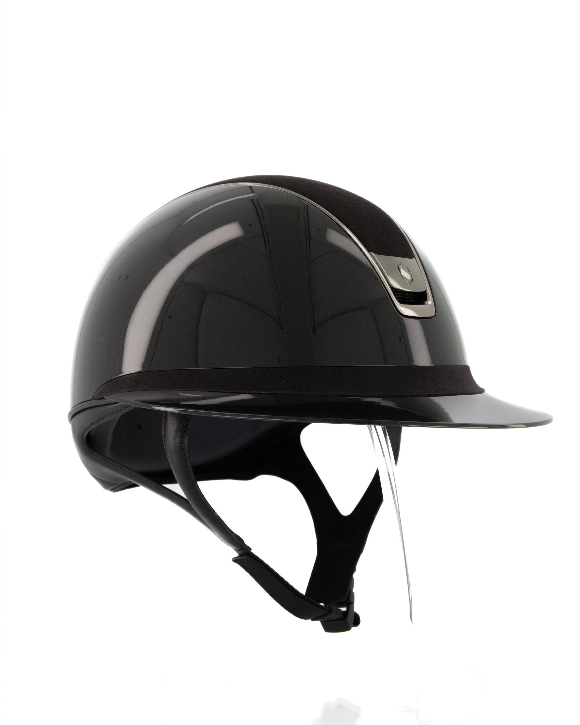 Riding helmet 2.0 Miss Shield Shadowglossy, Top Alcantara Black, Frontal Band Alcantara Black, Trim Chrome Black, Blason Chrome Black