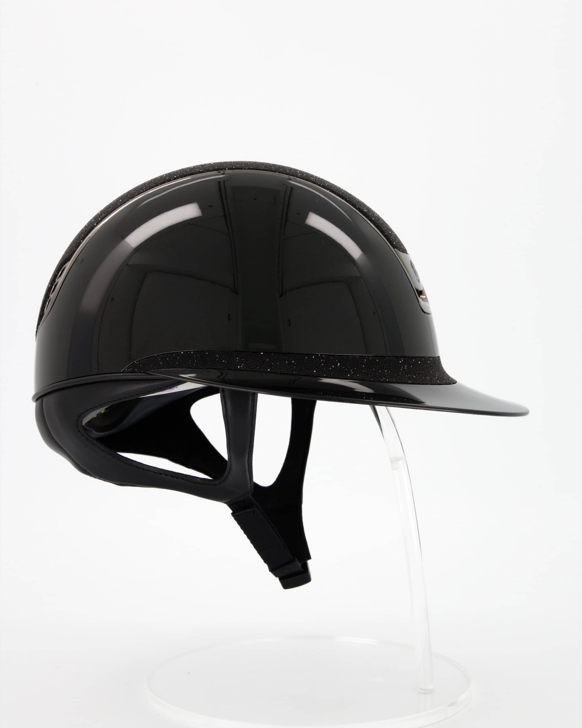 Riding helmet 2.0 Miss Shield Shadowglossy black Top u. Frontal Band Crystal Fabric Black, Trim Chrome Black, Blason Chrome Black in black