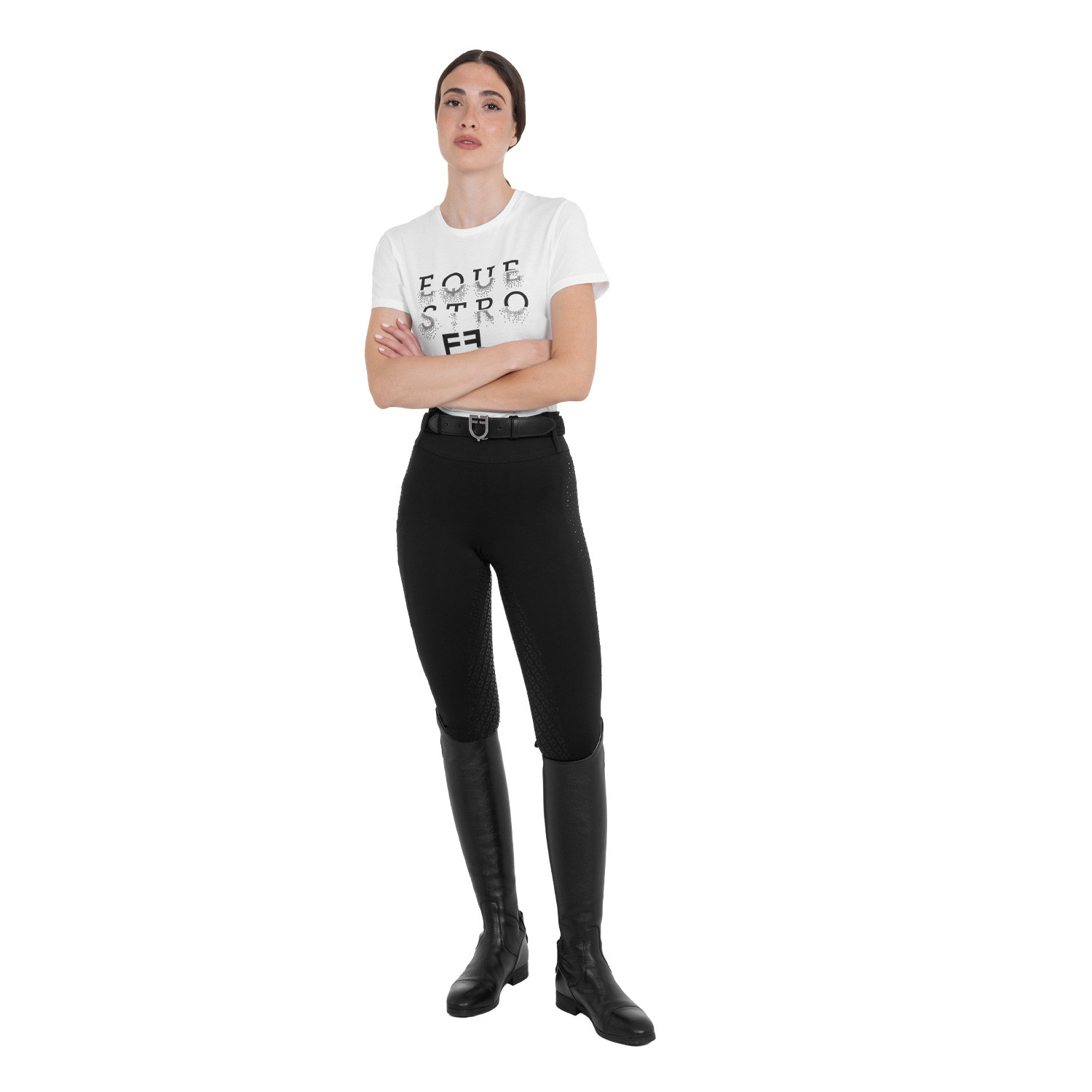 Damen-Leggings mit hohem Bund, Gürtelschlaufen und Strasssteinen