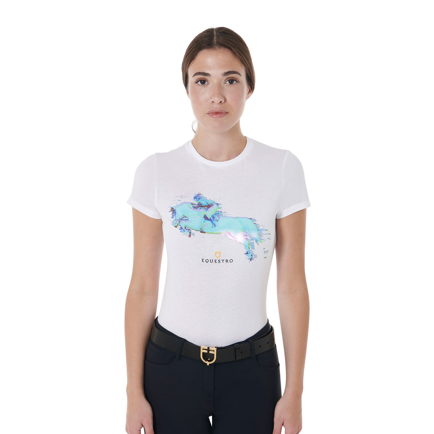 Schmal geschnittenes Damen-Baumwoll-T-Shirt mit Jump-Print