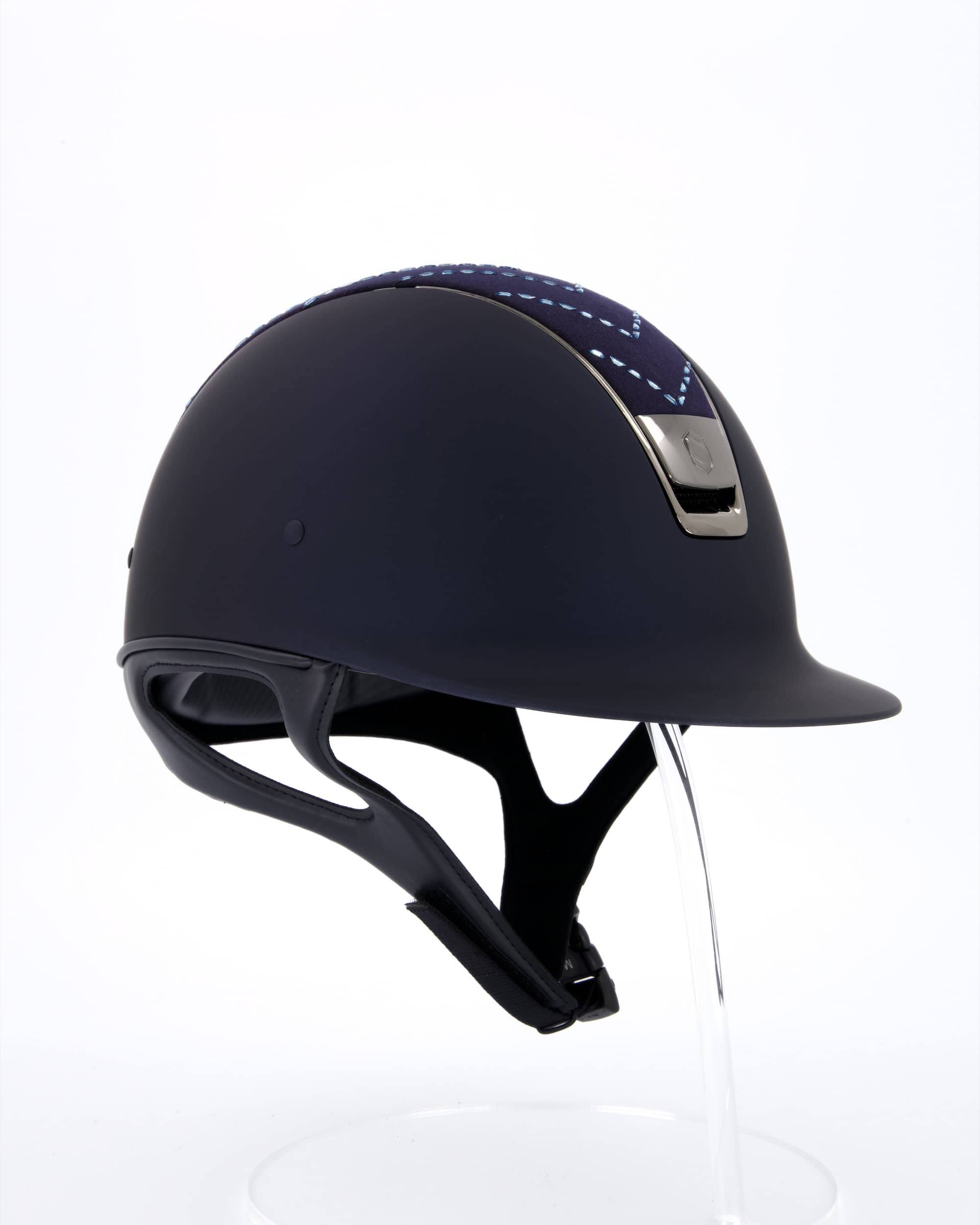 Riding helmet Shadowmatt Blue, Top Chevron Blue, Trim Black Chrome, Blason Black Chrome