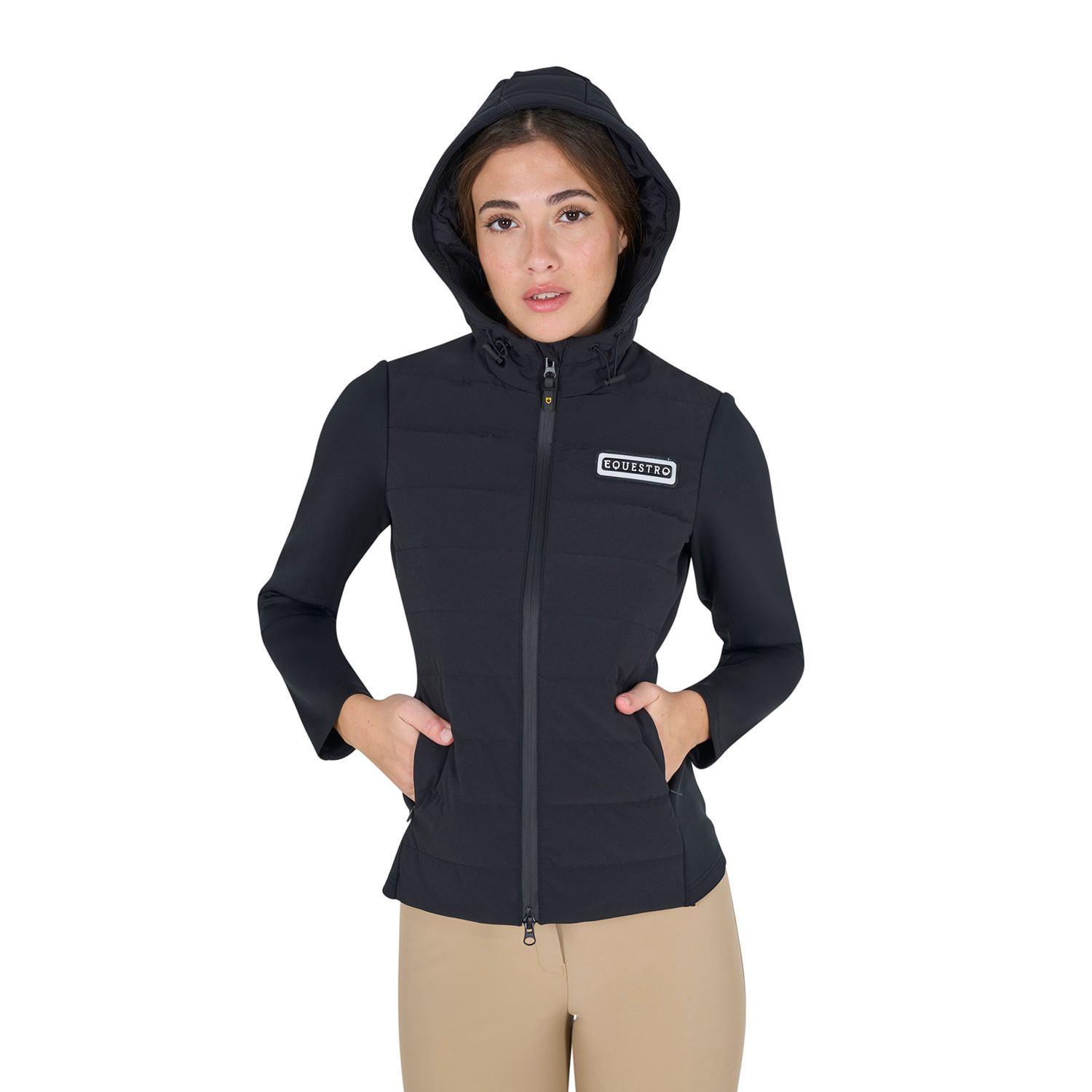 Damen-Daunenjacke mit Kapuze aus technischem Materialmix