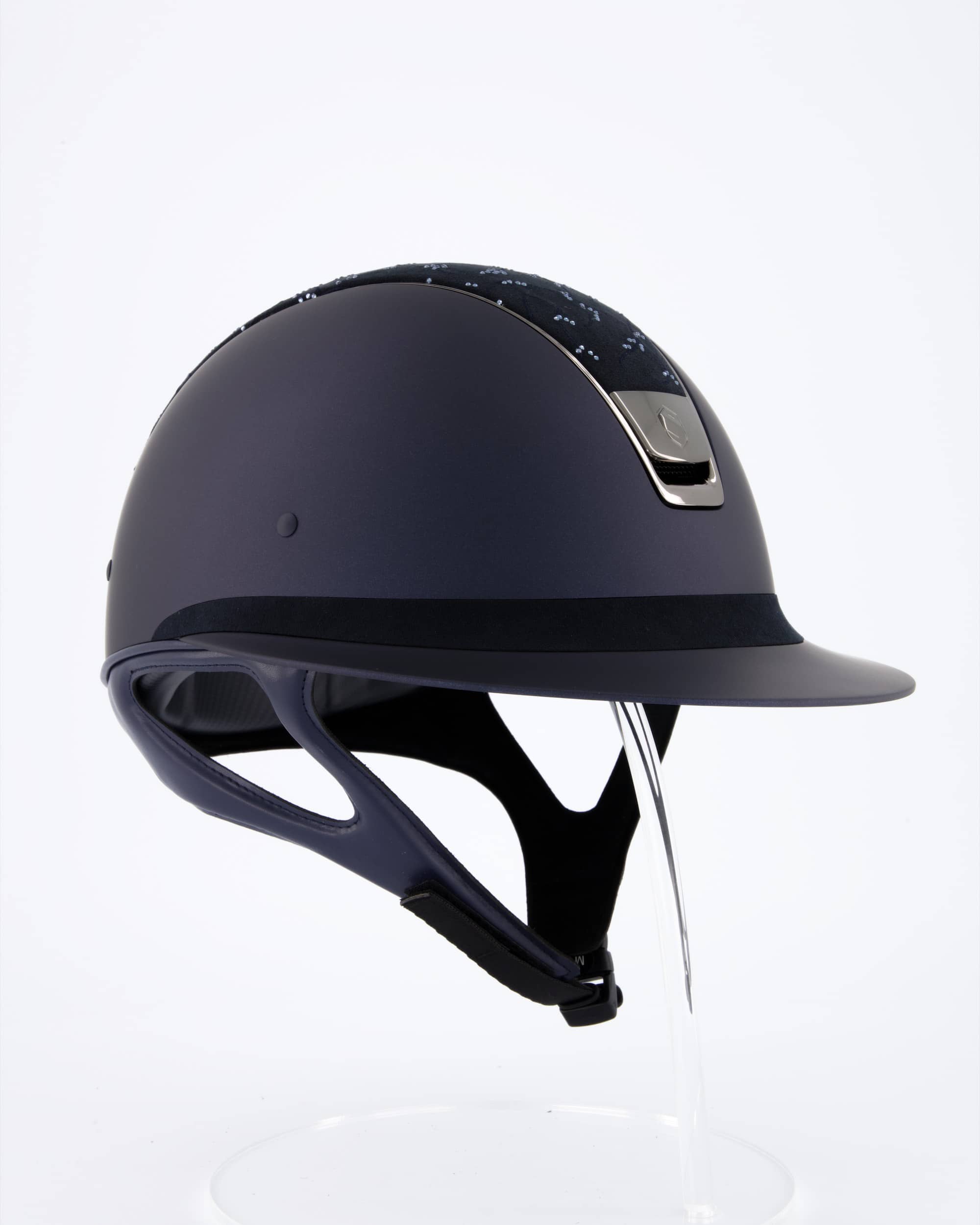 Riding helmet Miss Shield Shadowmatt Blue, Top Crystal Leaf Blue / Alcantara Blue, Frontal Band Alcantara Blue, Trim Chrome Black, Blason Chrome Black in blue